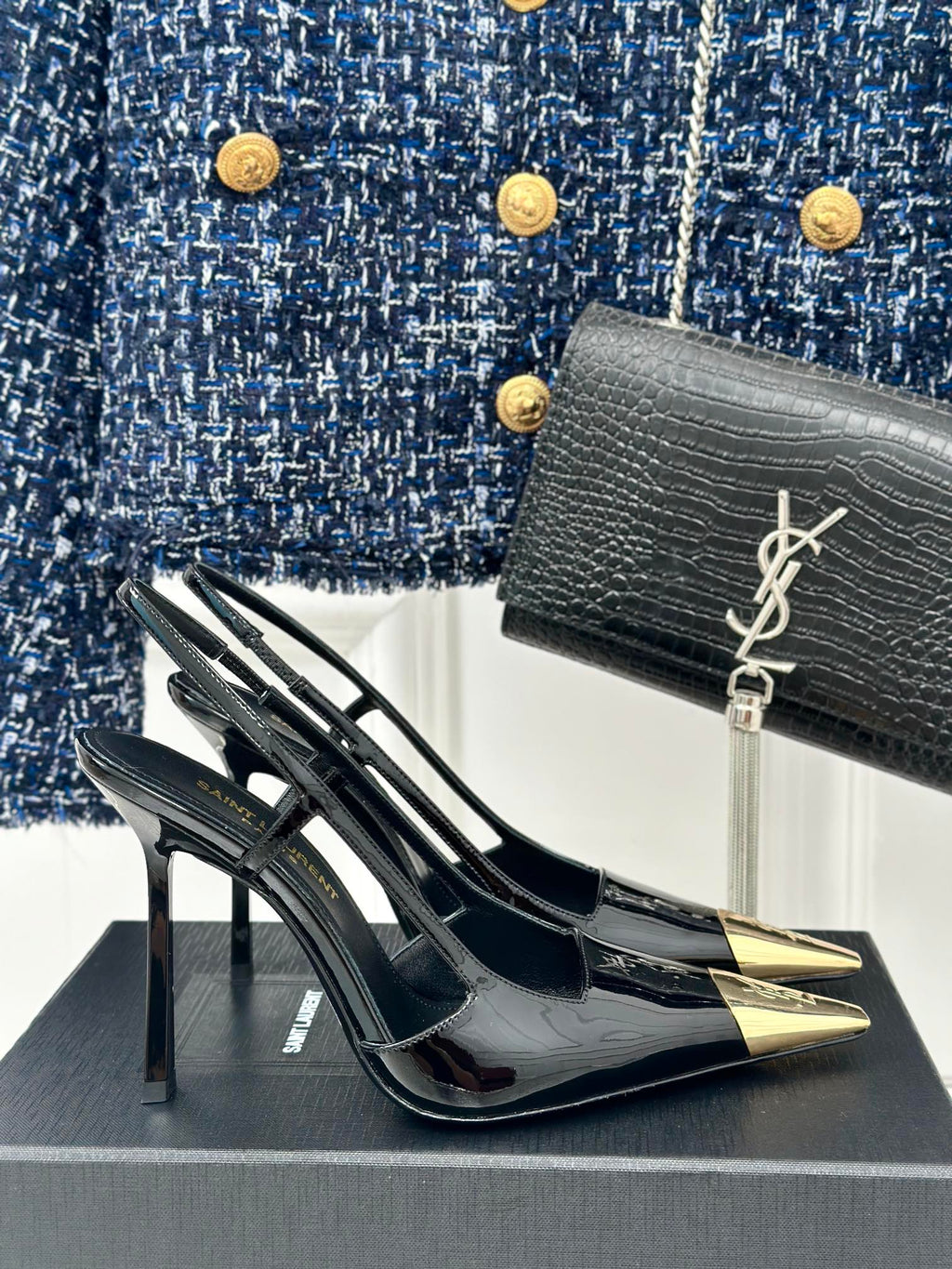 SL JEANNE SLINGBACK PUMPS BLACK POLISHED CALFSKIN