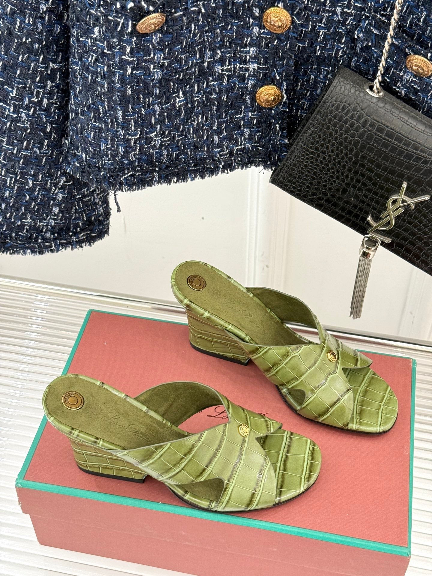 LP HIGH HEEL 25S IN MOSS GREEN LAMBSKIN SNAKE EMBOSSING