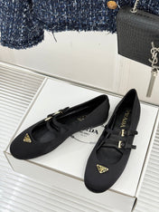 PRADA 25S DOUBLE STRAP BALLERINAS IN BLACK SATIN