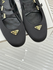 PRADA 25S DOUBLE STRAP BALLERINAS IN BLACK SATIN