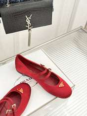 PRADA 25S DOUBLE STRAP BALLERINAS IN RED WINE SATIN