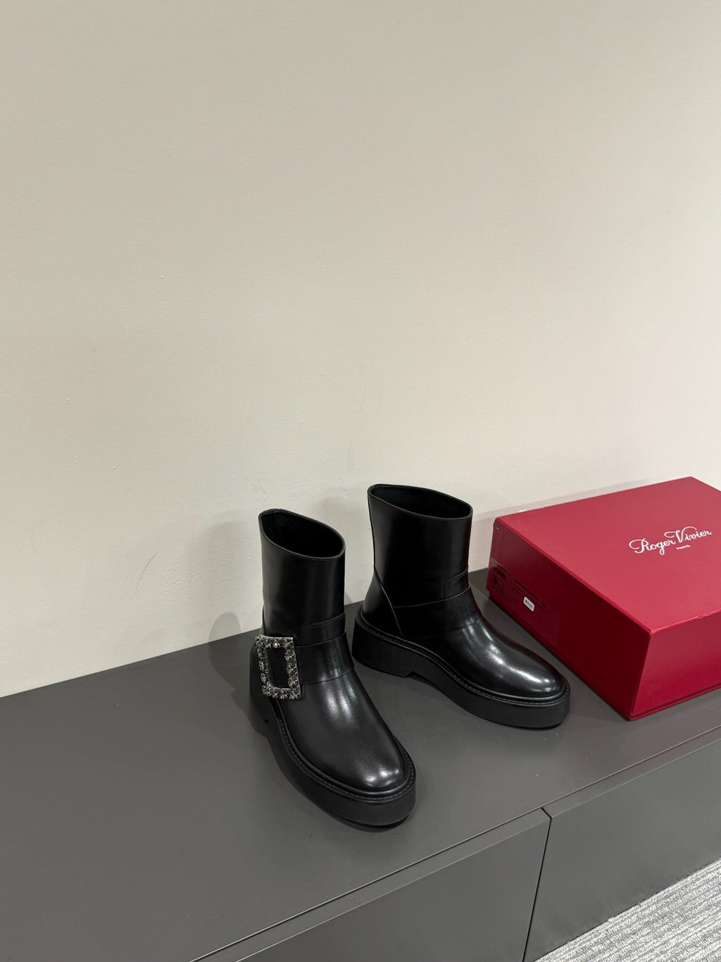 VIV' RANGERS CHELSEA ANKLE BOOTS IN BLACK CALFSKIN WITH BLACK CRYSTAL BUCKLE