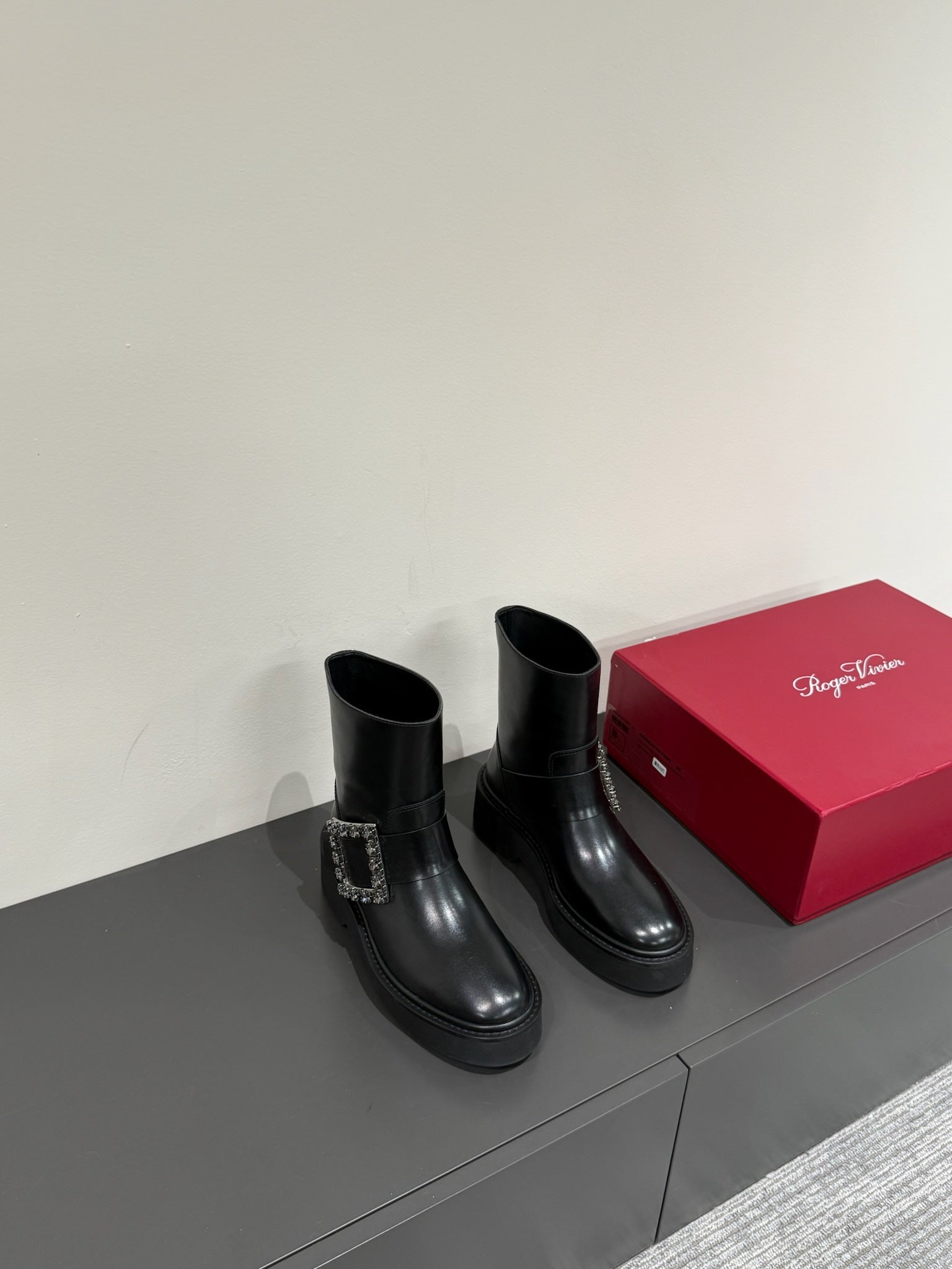 VIV' RANGERS CHELSEA ANKLE BOOTS IN BLACK CALFSKIN WITH BLACK CRYSTAL BUCKLE