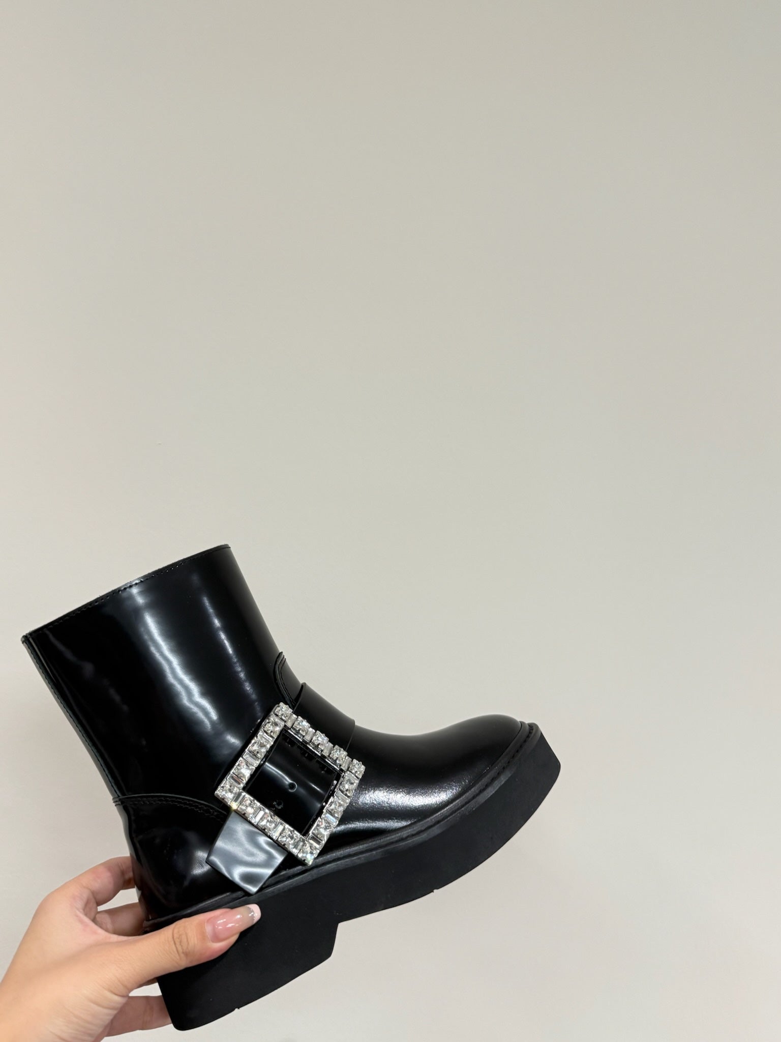 VIV' RANGERS CHELSEA ANKLE BOOTS IN BLACK CALFSKIN WITH SILVER CRYSTAL BUCKLE