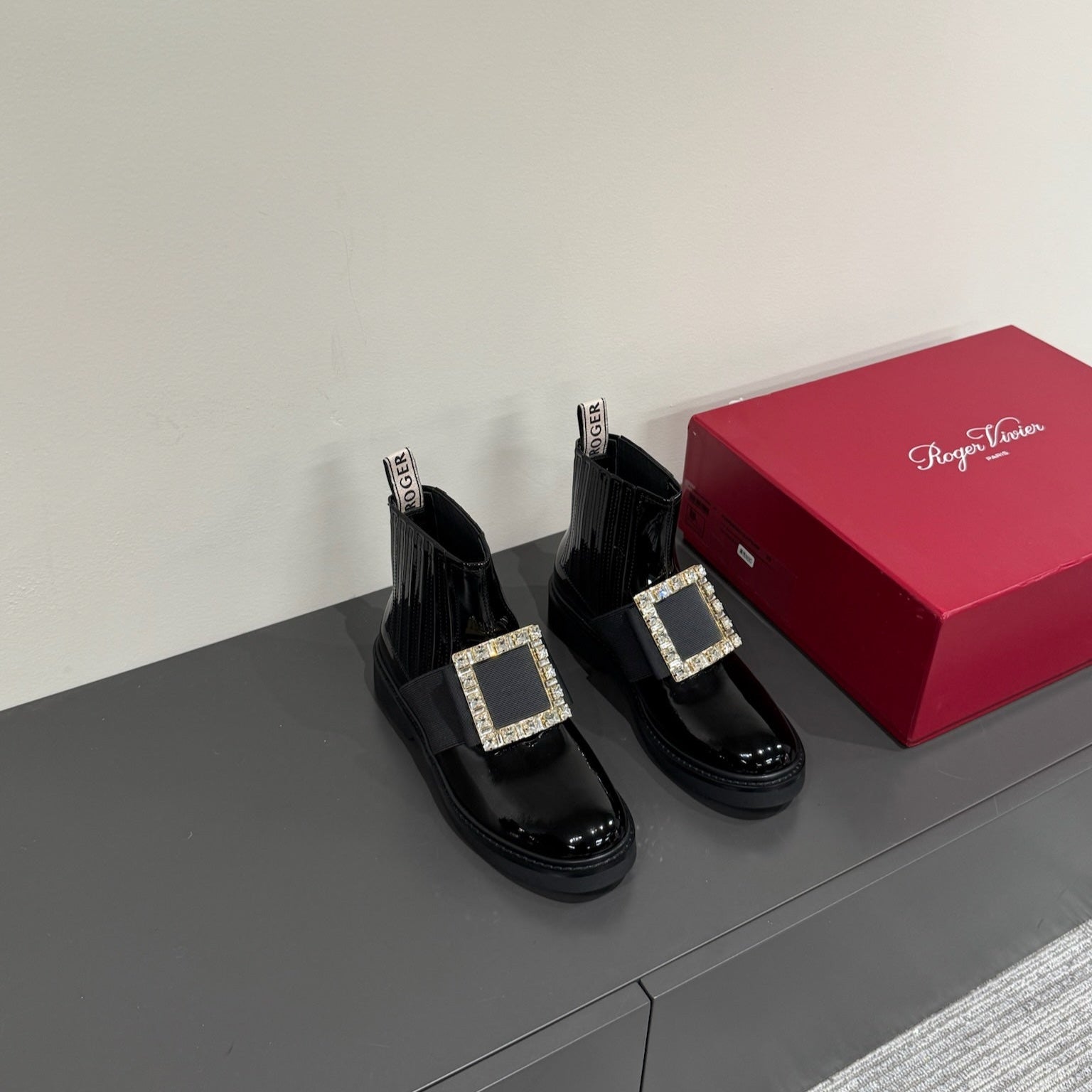 VIV' RANGERS CHELSEA BOOTIES IN GLOSSY BLACK CALFSKIN CRYSTAL BUCKLE