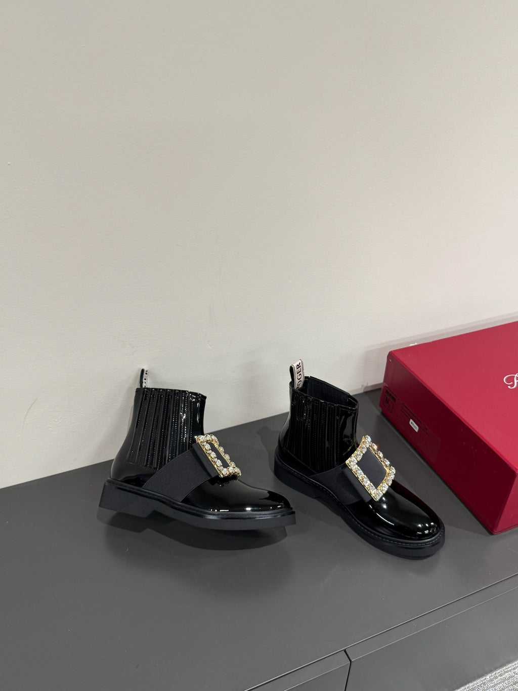 VIV' RANGERS CHELSEA BOOTIES IN GLOSSY BLACK CALFSKIN CRYSTAL BUCKLE