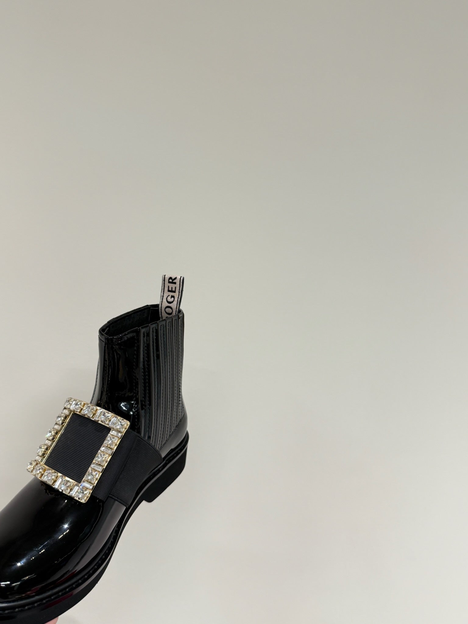 VIV' RANGERS CHELSEA BOOTIES IN GLOSSY BLACK CALFSKIN CRYSTAL BUCKLE