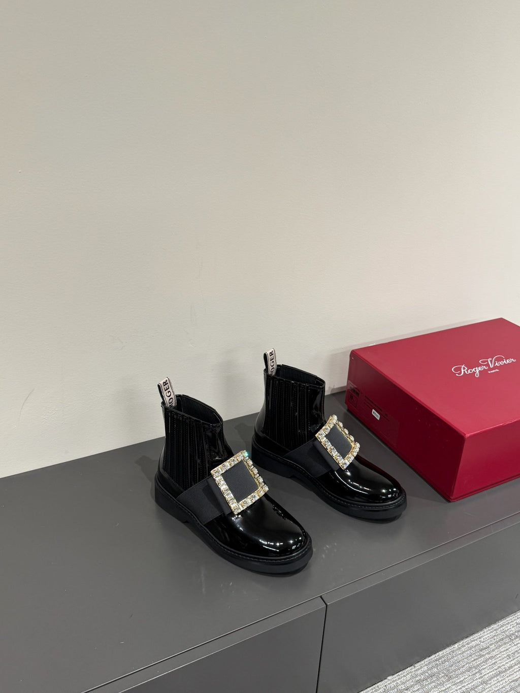 VIV' RANGERS CHELSEA BOOTIES IN GLOSSY BLACK CALFSKIN CRYSTAL BUCKLE