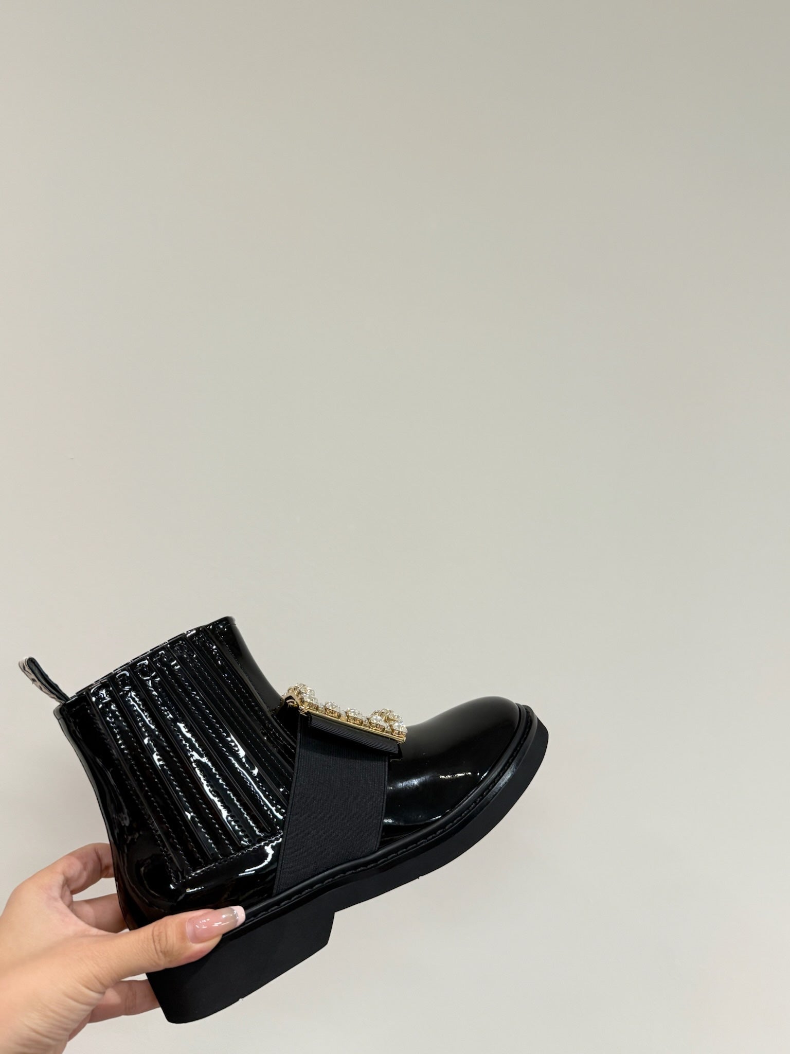 VIV' RANGERS CHELSEA BOOTIES IN GLOSSY BLACK CALFSKIN CRYSTAL BUCKLE
