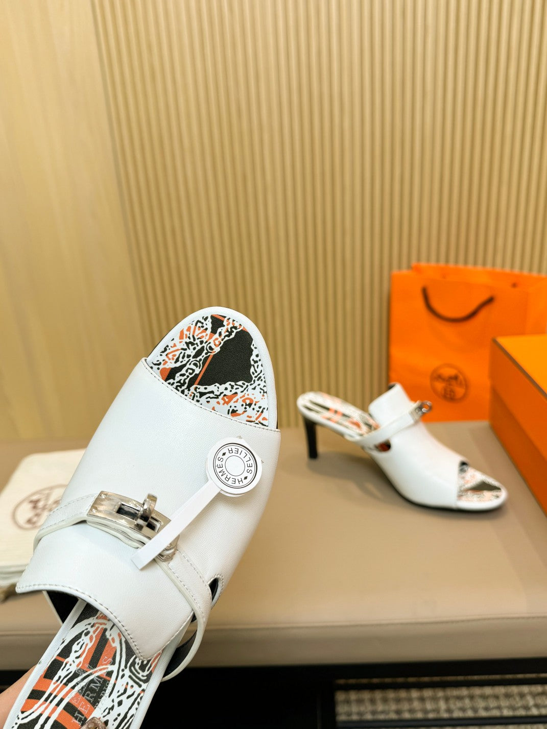 HEDEN MULE 80 WHITE CALFSKIN WITH PATTERN