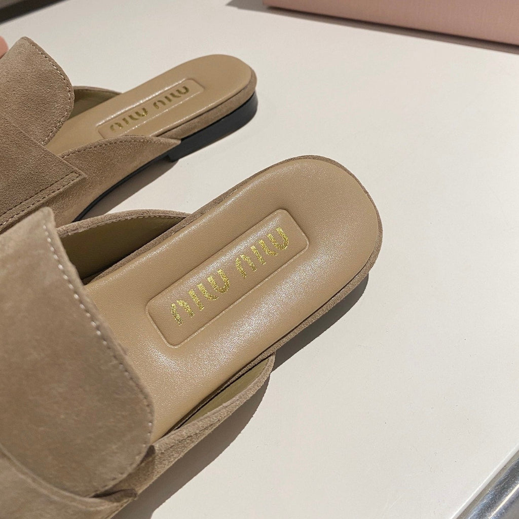 MULES SLIPPERS KHAKI COLOR SUEDE WITH GOLD COIN