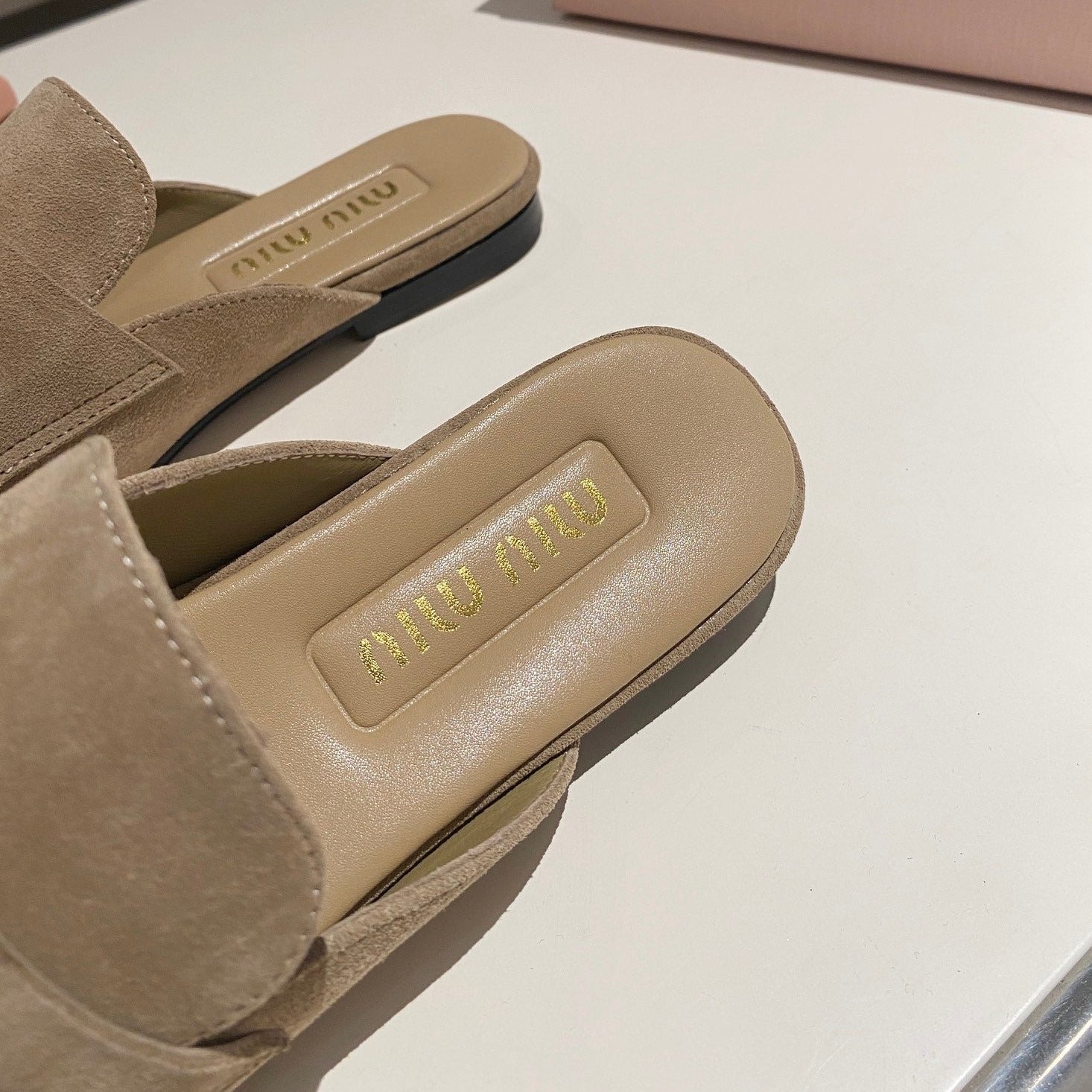 MULES SLIPPERS KHAKI COLOR SUEDE WITH GOLD COIN