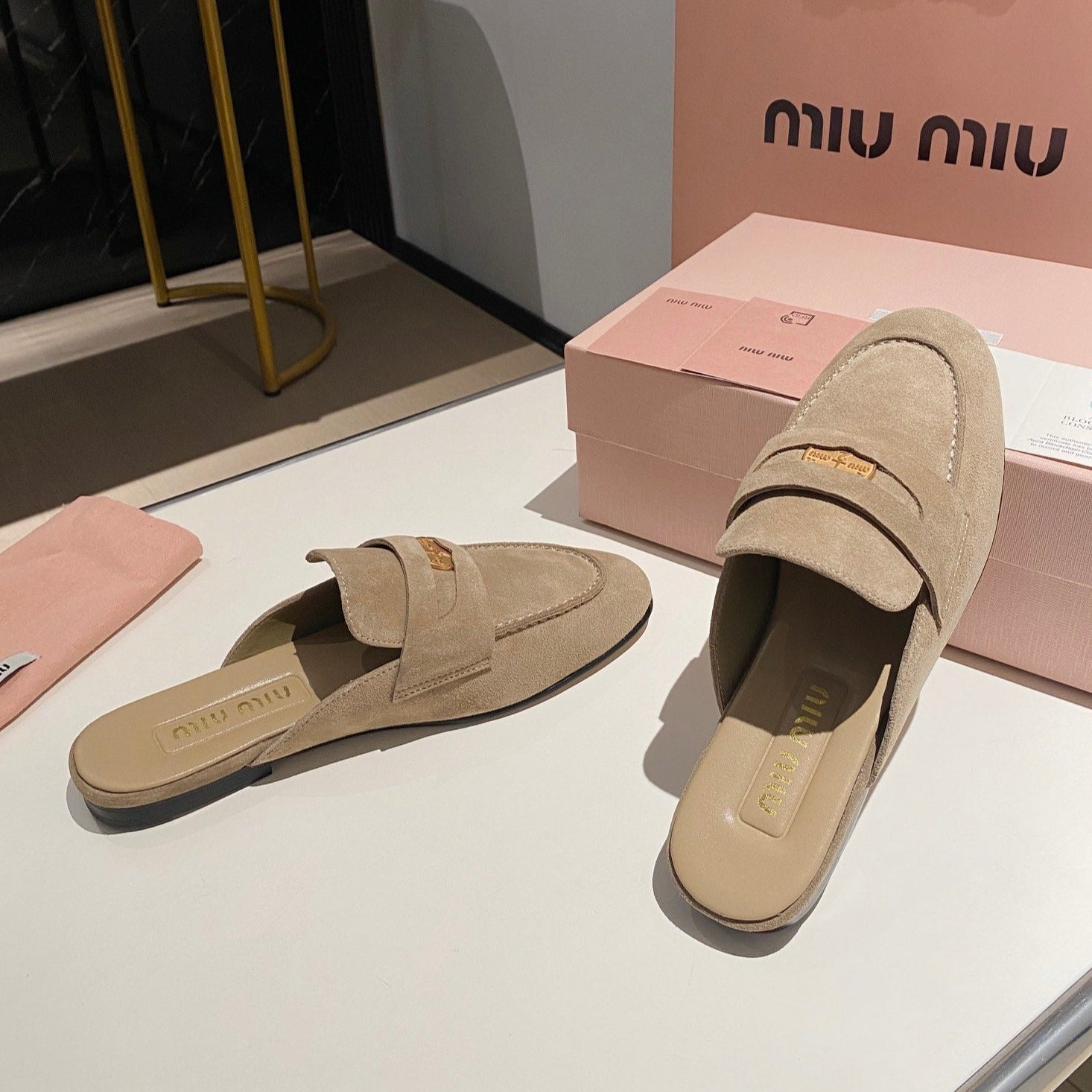 MULES SLIPPERS KHAKI COLOR SUEDE WITH GOLD COIN