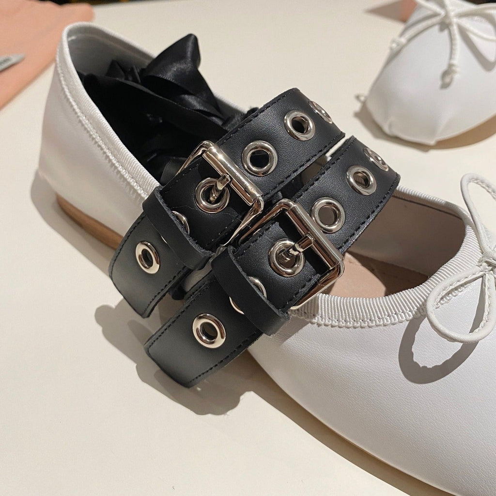 BALLET FLAT SHOES WHITE LAMBSKIN WITH UNIQUE BLACK STRAPS