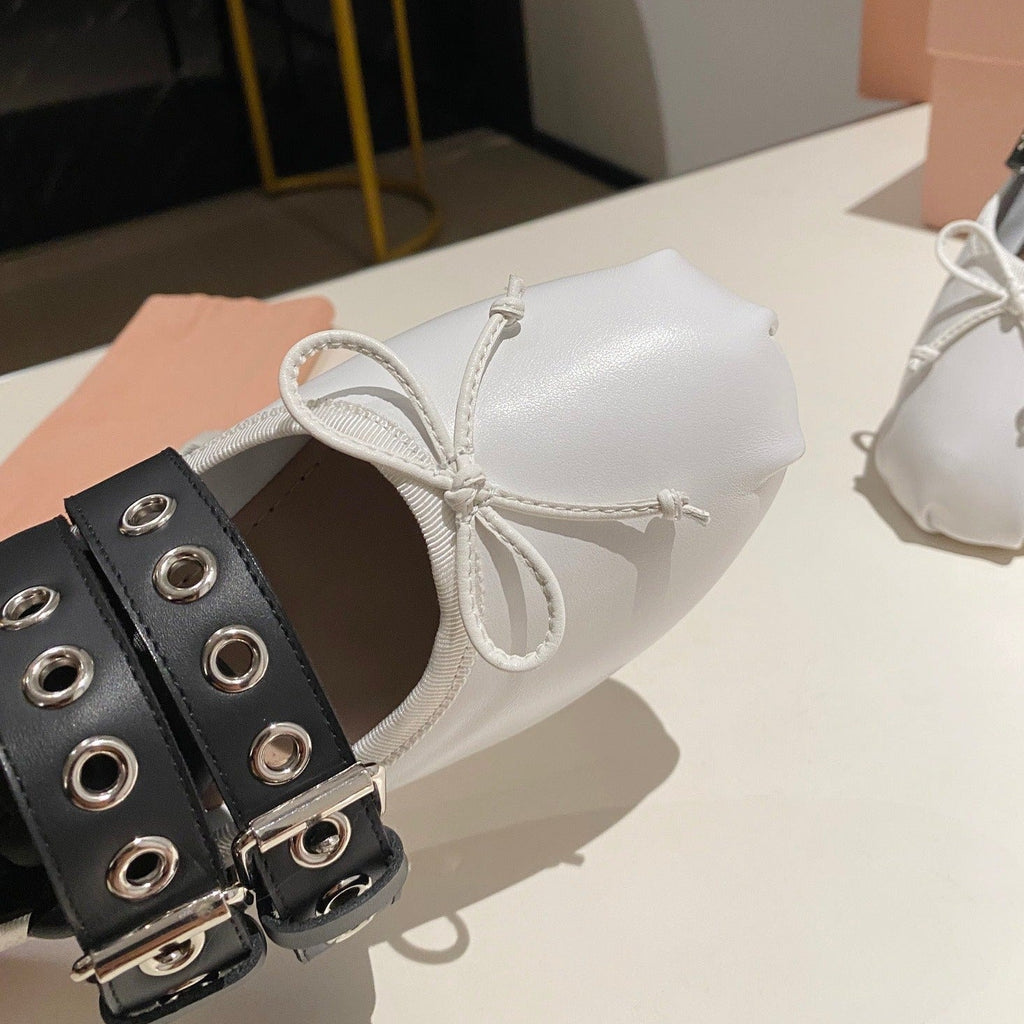 BALLET FLAT SHOES WHITE LAMBSKIN WITH UNIQUE BLACK STRAPS