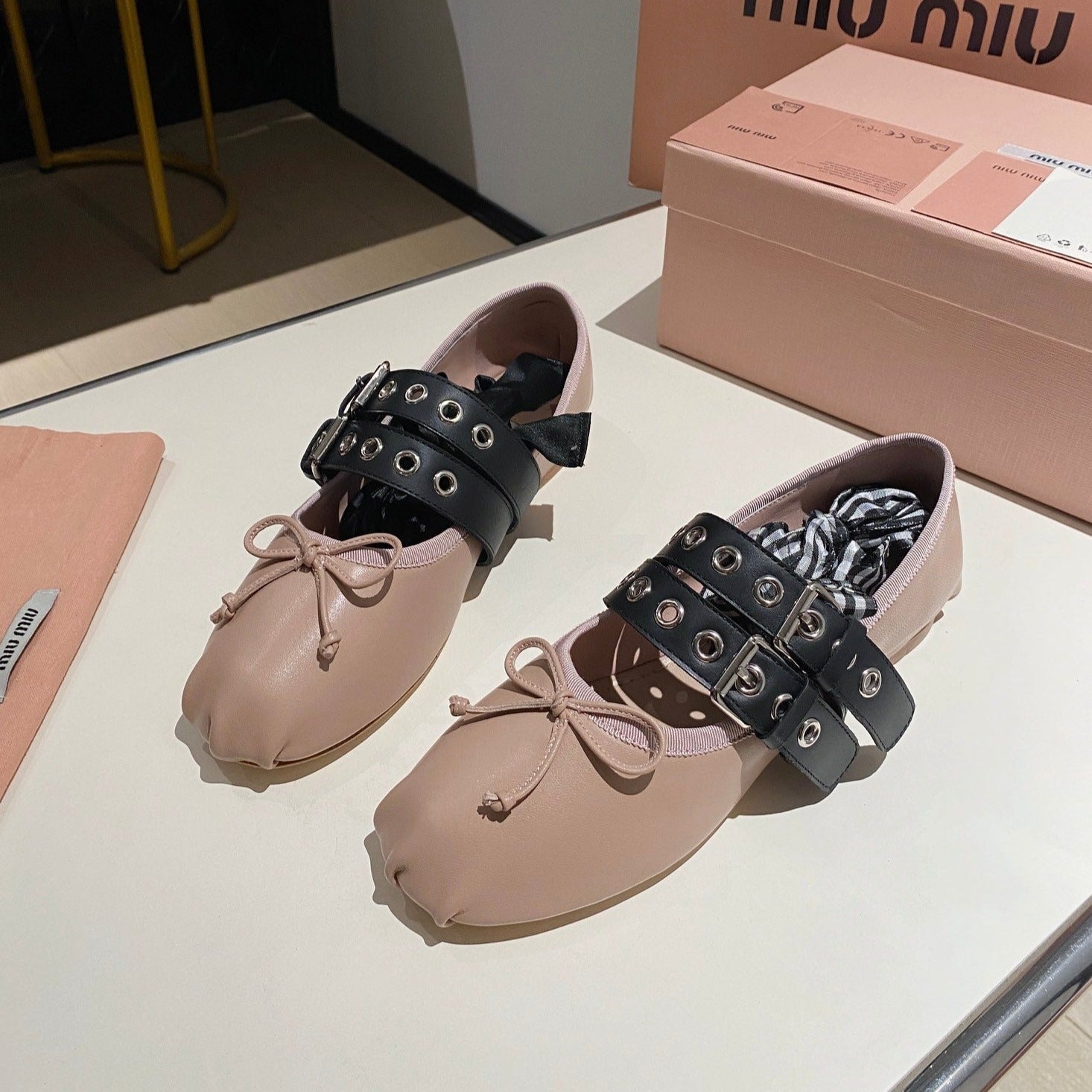 BALLET FLAT SHOES PINK NUDE LAMBSKIN WITH UNIQUE BLACK STRAPS