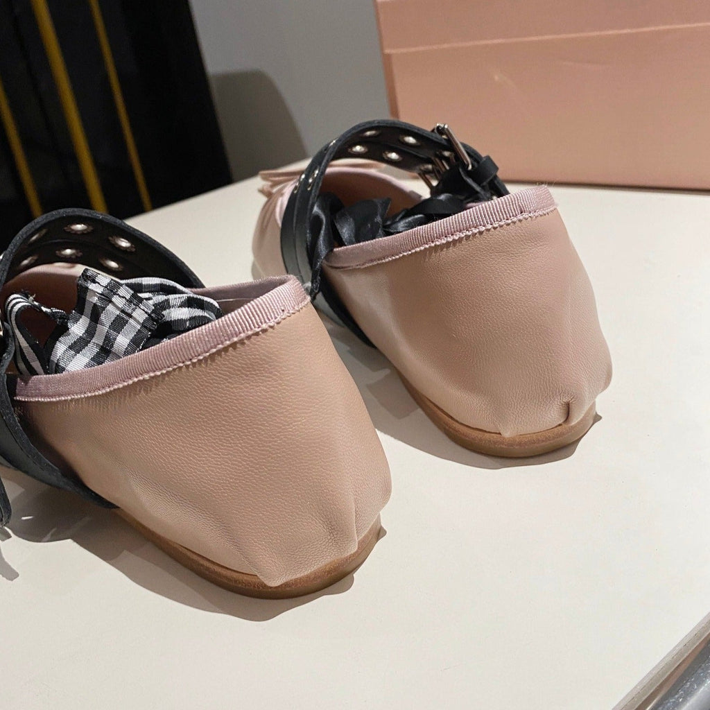 BALLET FLAT SHOES PINK NUDE LAMBSKIN WITH UNIQUE BLACK STRAPS