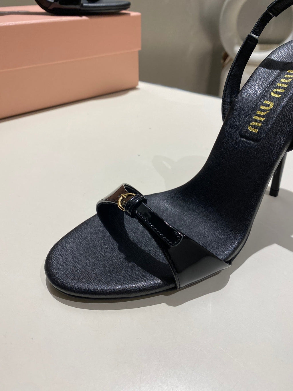 TWO STRAP HIGH HEELED SANDALS IN BLACK GLOSSY SHEEPSKIN