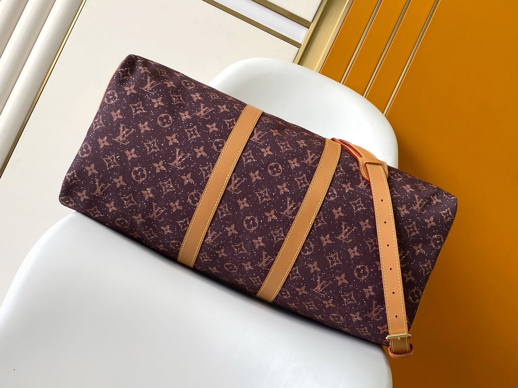 LV 25S KEEPALL 50 MONOGRAM CRYSTALS IN DARK PURPLE CANVAS AND CALFSKIN TRIM