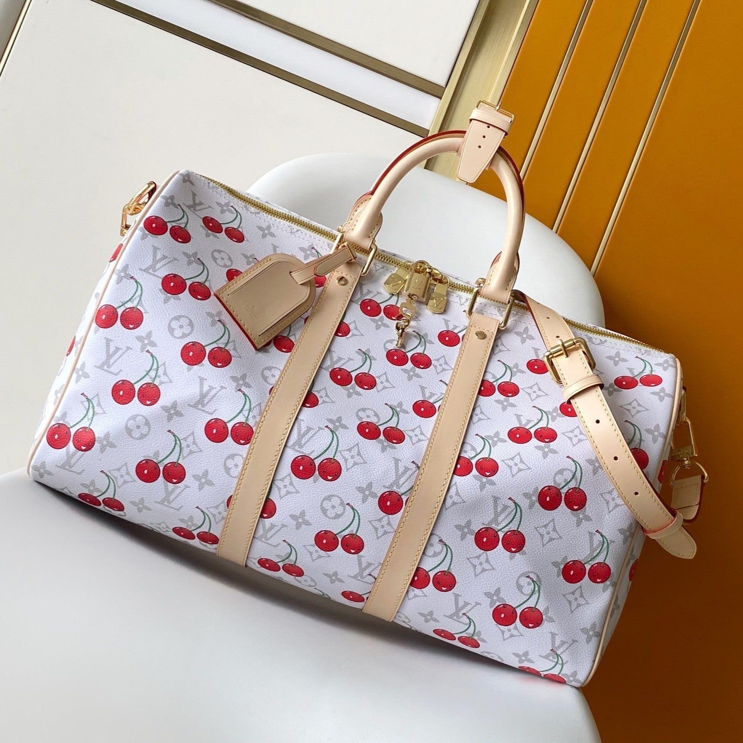 KEEPALL BANDOULIÈRE 45 IN WHITE AND RED CALFSKIN