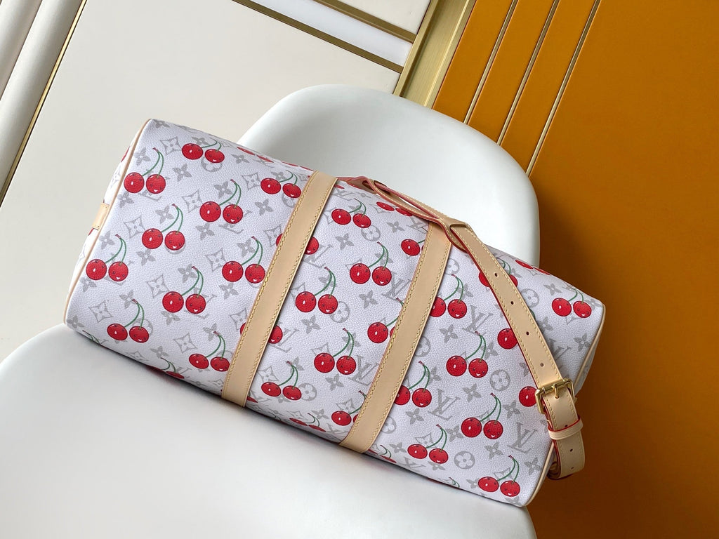 KEEPALL BANDOULIÈRE 45 IN WHITE AND RED CALFSKIN