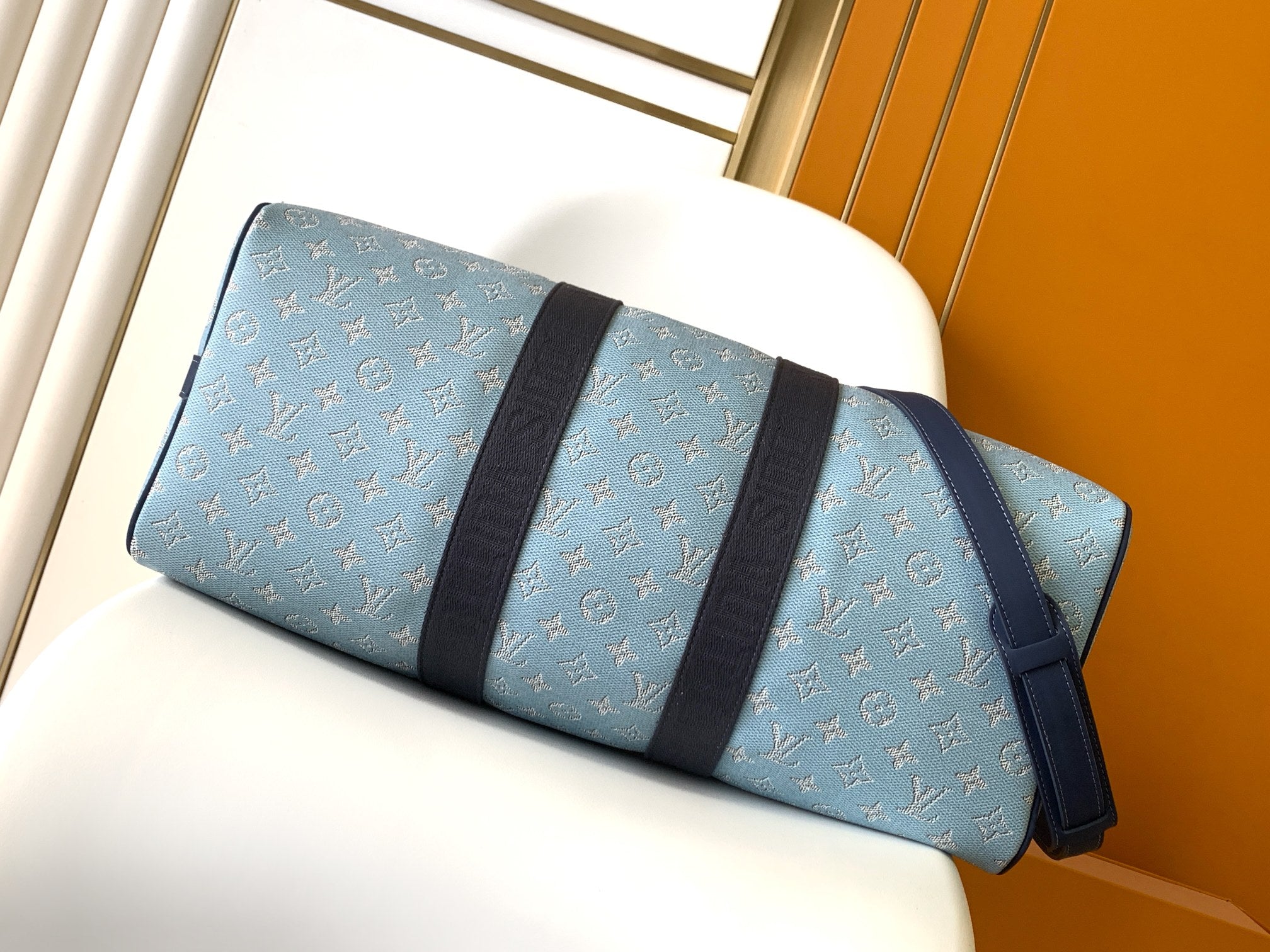 LV 25S KEEPALL BANDOULIÈRE BAG 50 IN BLUE MONOGRAM HERITAGE CALFSKIN