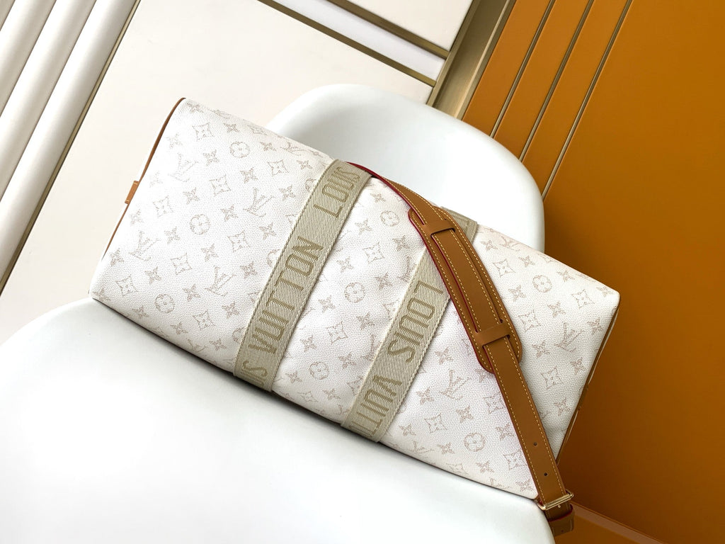 LV 25S KEEPALL BANDOULIÈRE BAG 45 IN WHITE MONOGRAM HERITAGE CALFSKIN