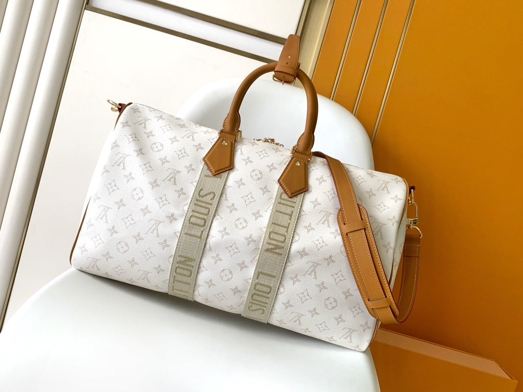 LV 25S KEEPALL BANDOULIÈRE BAG 45 IN WHITE MONOGRAM HERITAGE CALFSKIN
