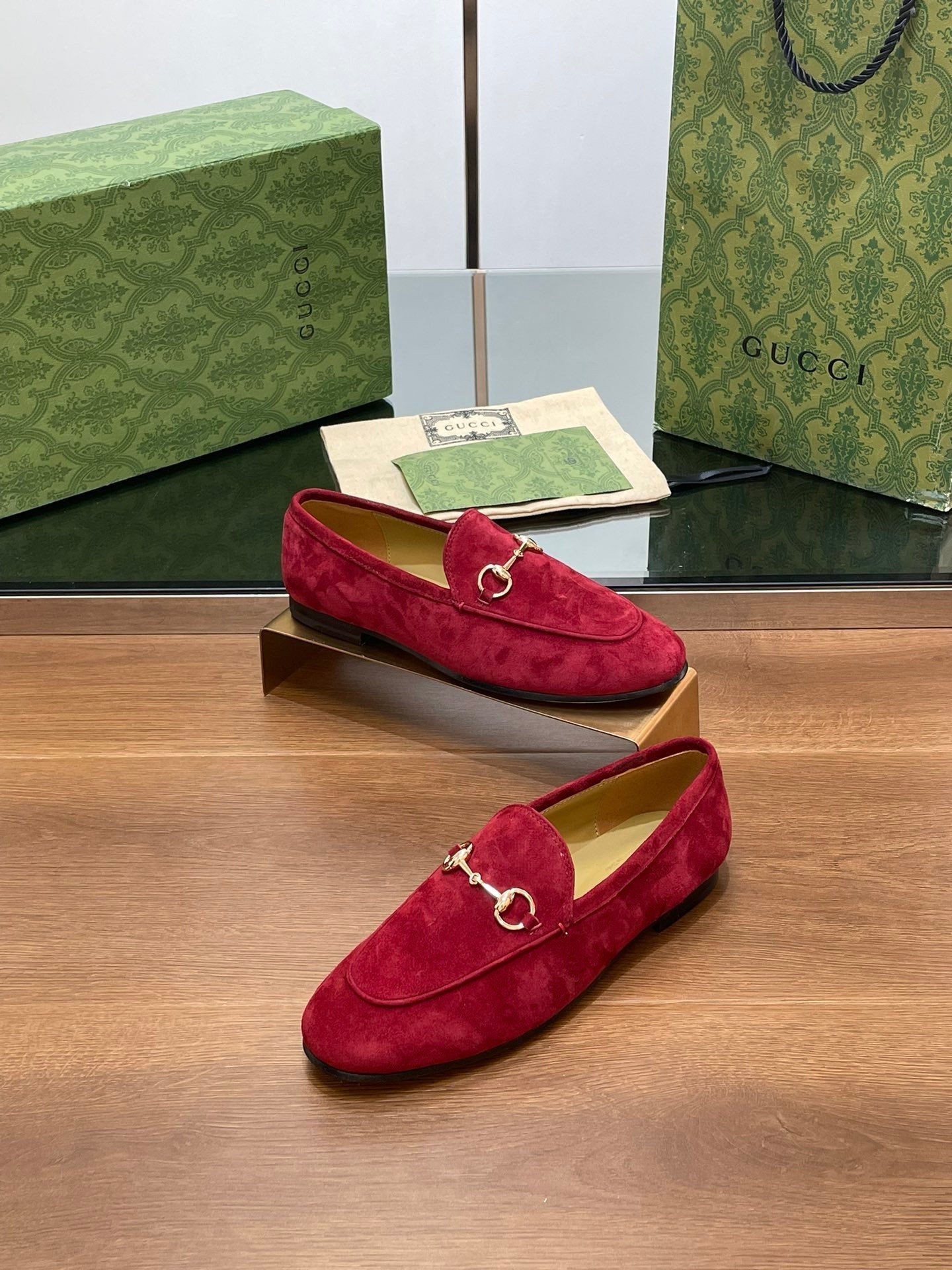 HORSEBIT LOAFER IN CHERRY RED SUEDE WITH GOLD HARDWARE