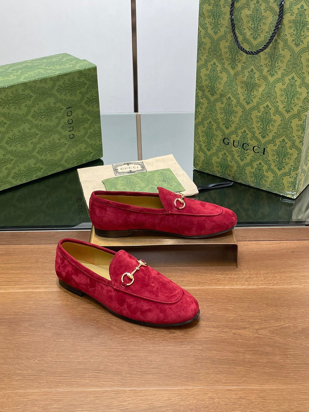 HORSEBIT LOAFER IN CHERRY RED SUEDE WITH GOLD HARDWARE