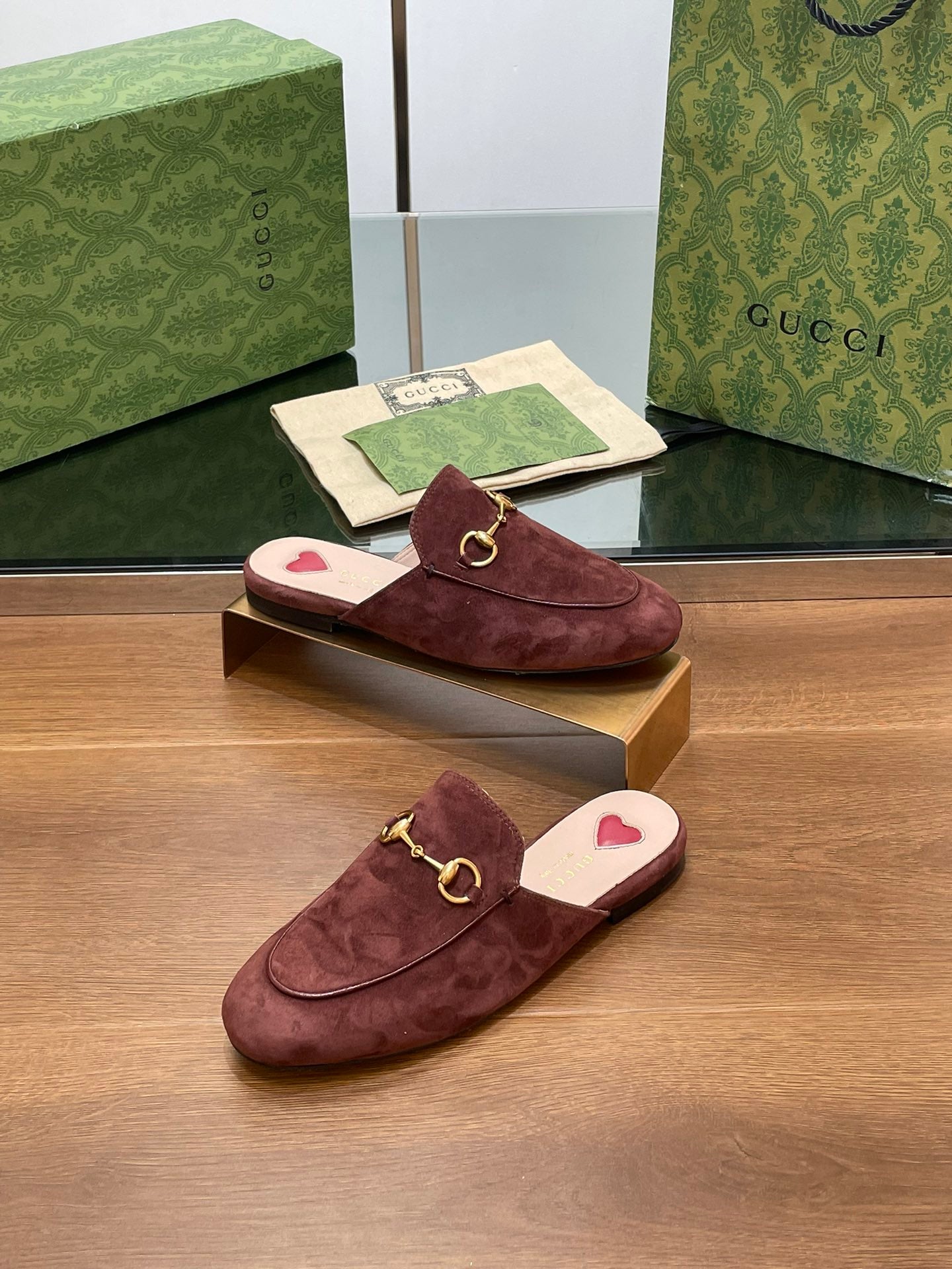 HORSEBIT MULE IN UMBER BROWN SUEDE WITH GOLD HARDWARE