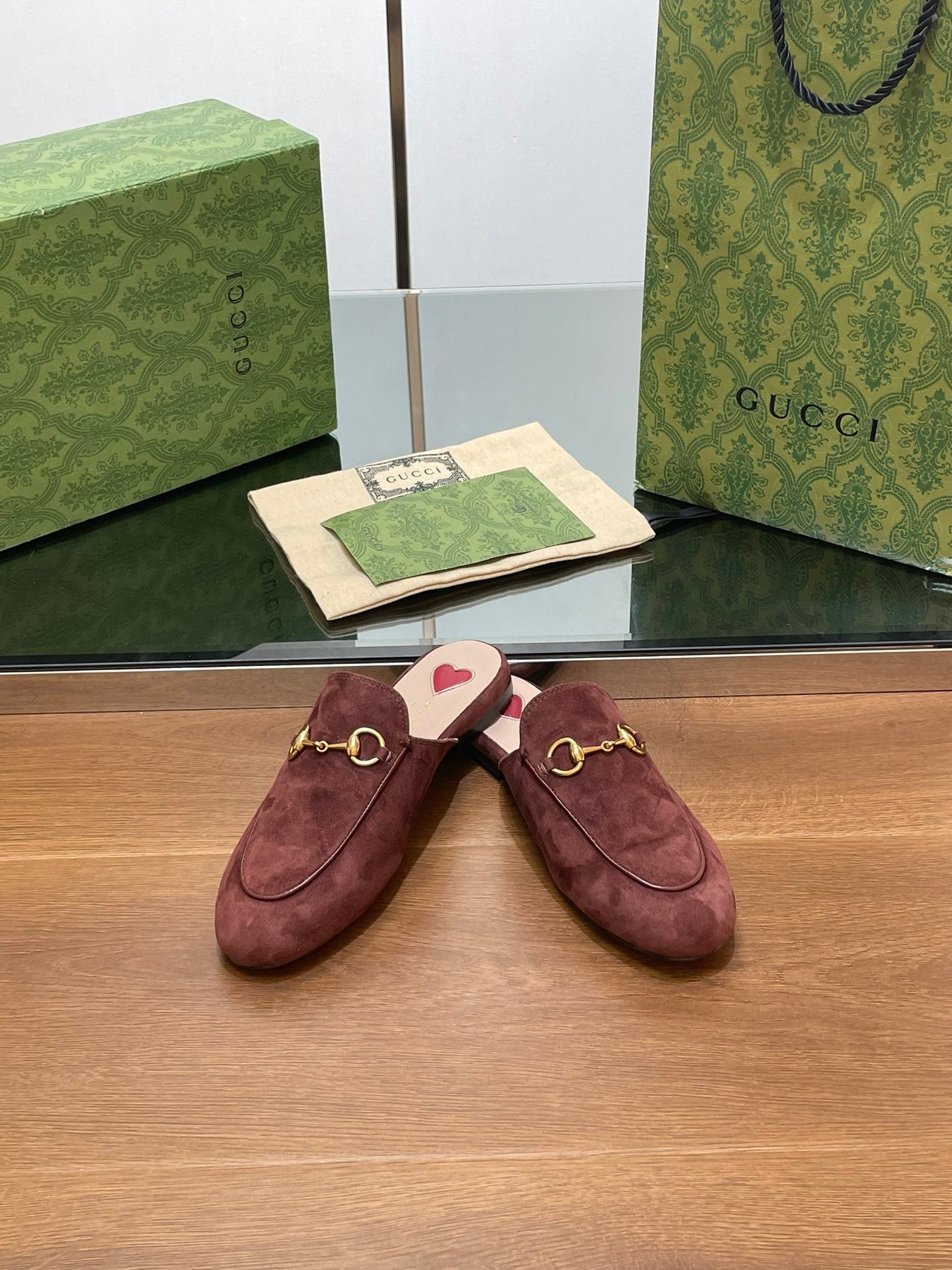 HORSEBIT MULE IN UMBER BROWN SUEDE WITH GOLD HARDWARE