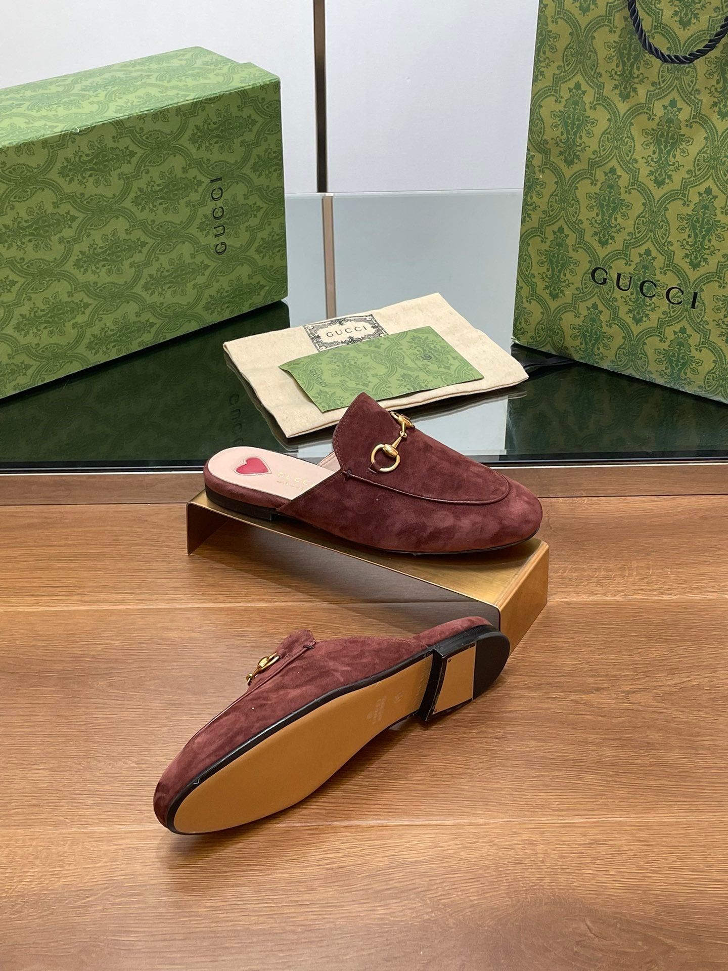 HORSEBIT MULE IN UMBER BROWN SUEDE WITH GOLD HARDWARE