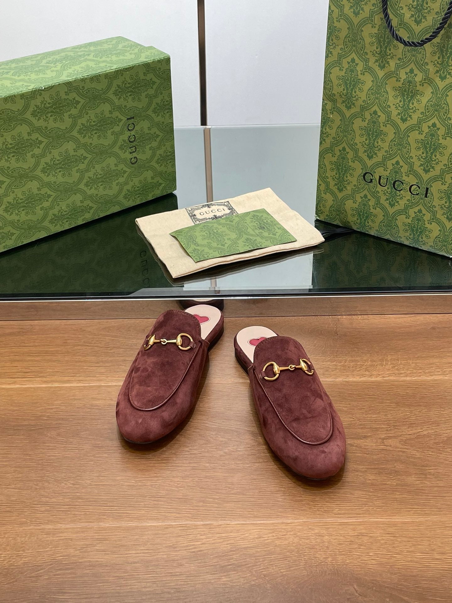 HORSEBIT MULE IN UMBER BROWN SUEDE WITH GOLD HARDWARE