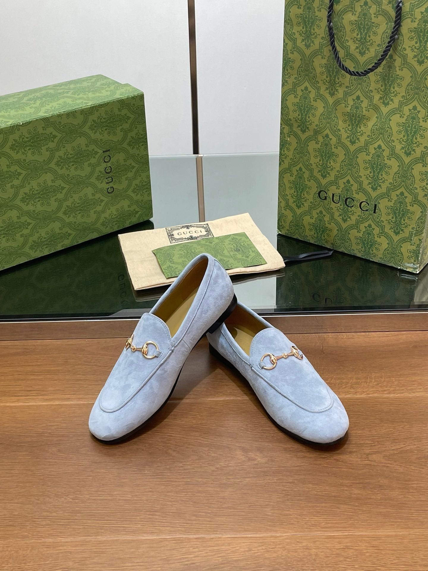 HORSEBIT LOAFER IN LIGHT BLUE SUEDE WITH GOLD HARDWARE