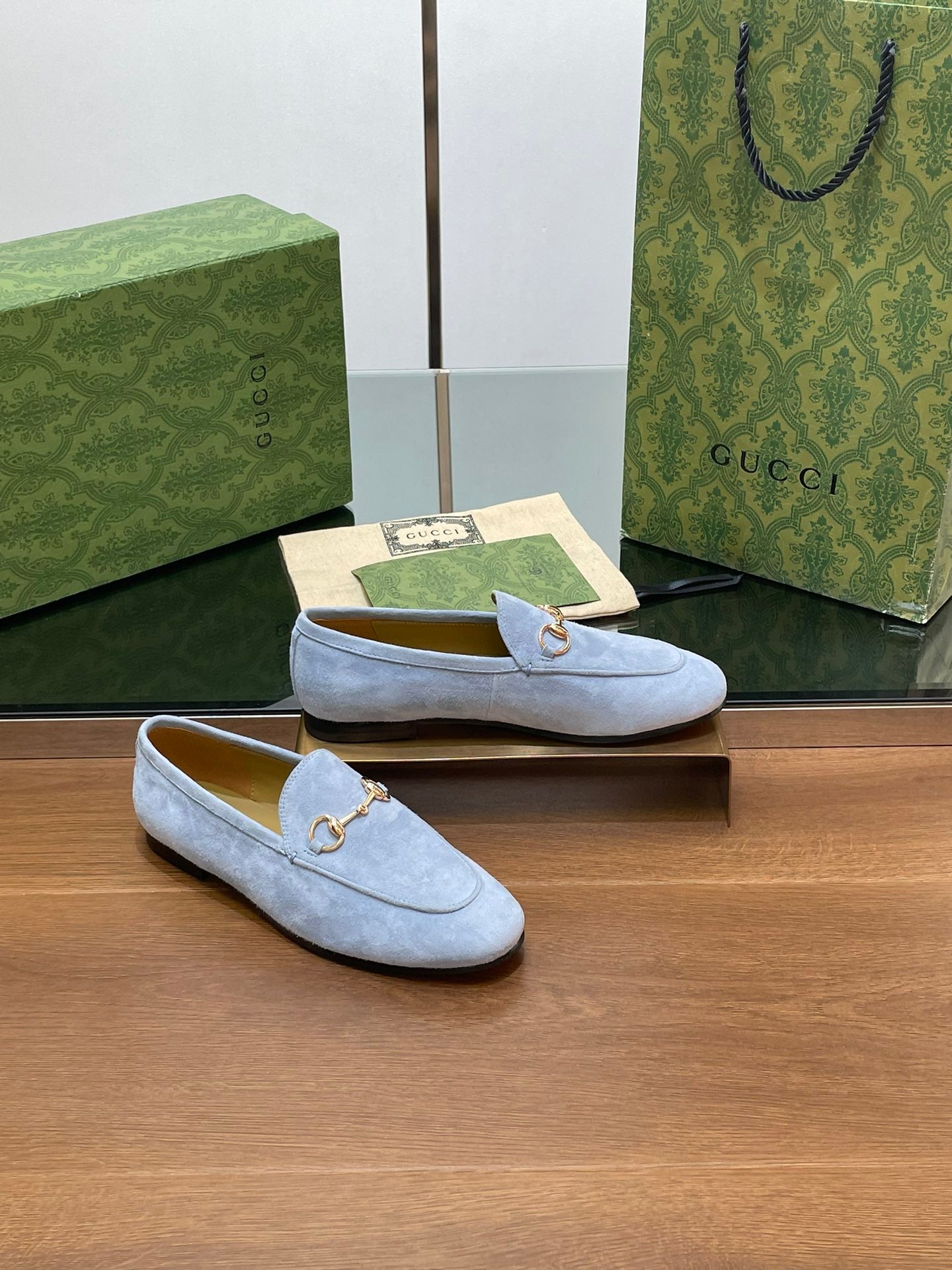 HORSEBIT LOAFER IN LIGHT BLUE SUEDE WITH GOLD HARDWARE