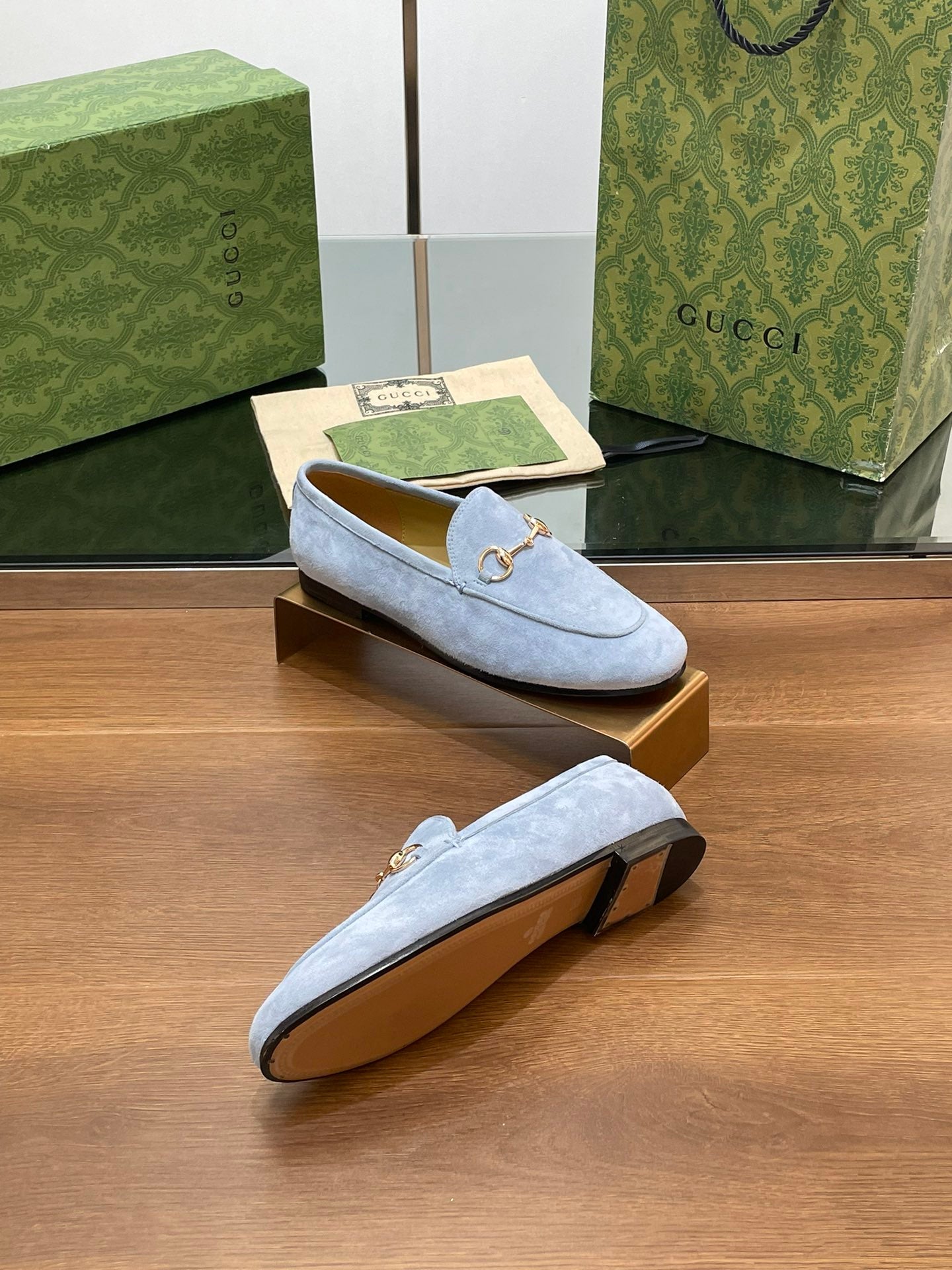 HORSEBIT LOAFER IN LIGHT BLUE SUEDE WITH GOLD HARDWARE