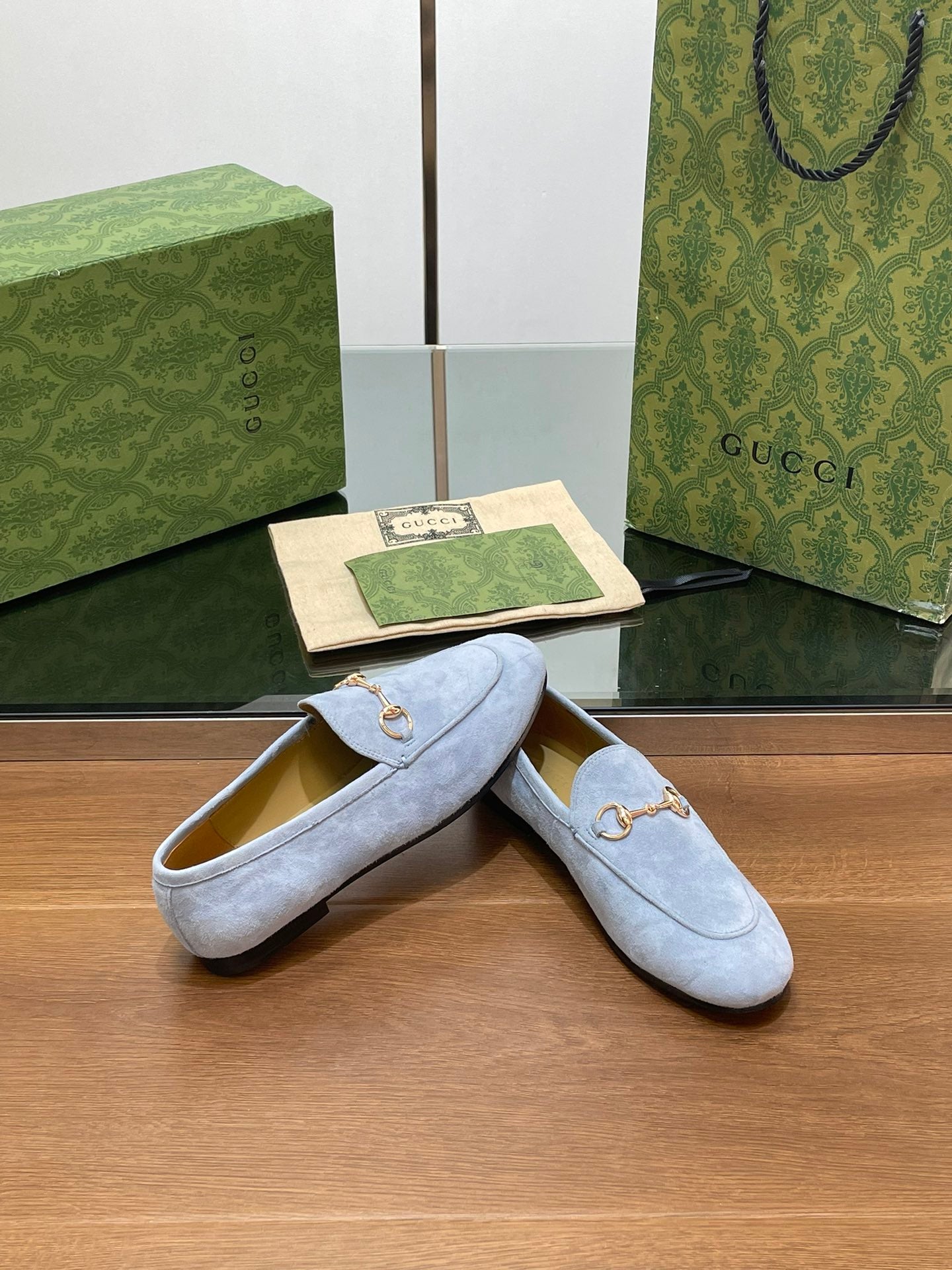 HORSEBIT LOAFER IN LIGHT BLUE SUEDE WITH GOLD HARDWARE