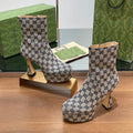 GG SHORT BOOTS 11.5 CM IN BLACK MIX BEIGE MONOGRAM JACQUARD FABRIC