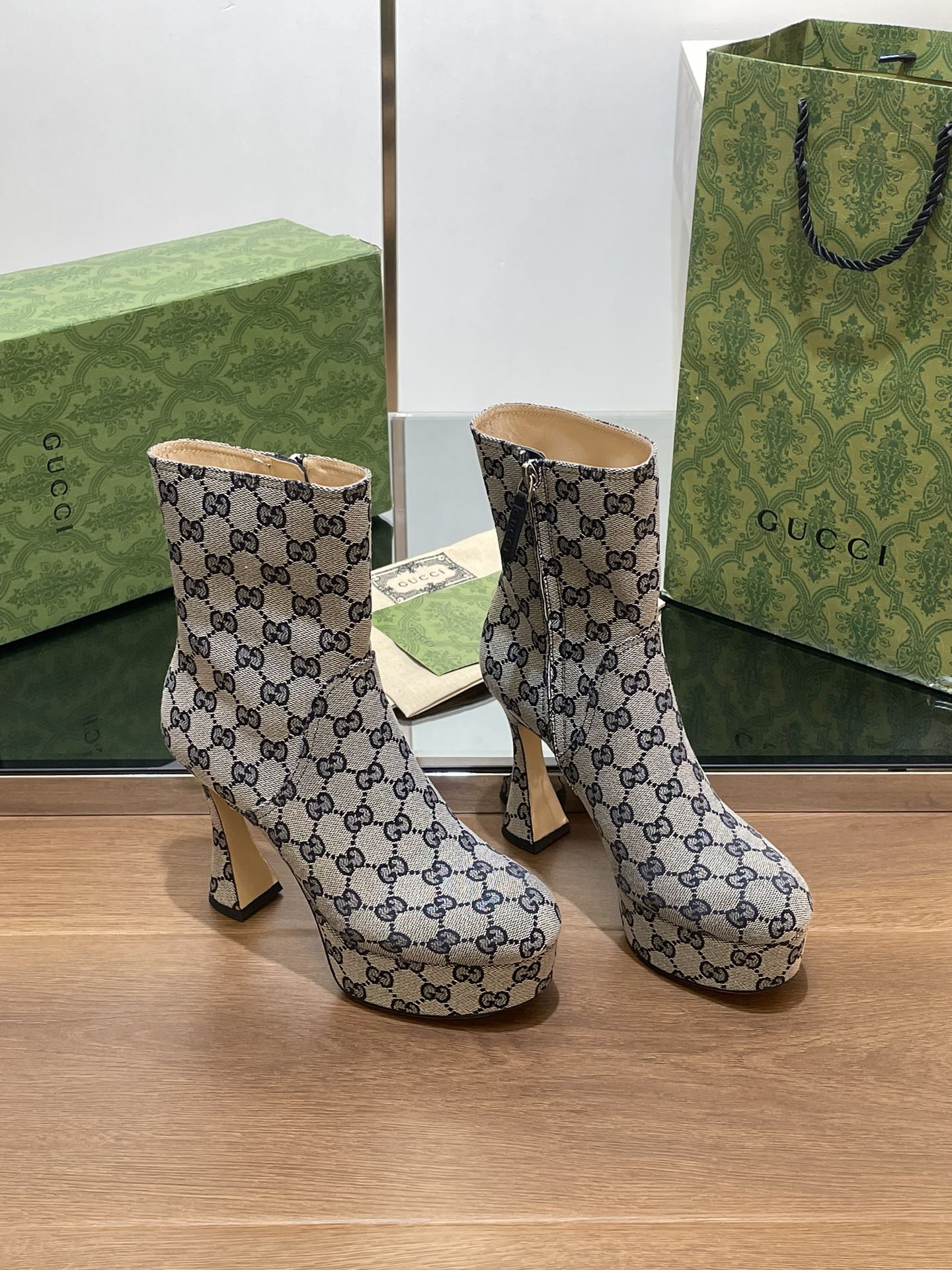 GG SHORT BOOTS 11.5 CM IN BLACK MIX BEIGE MONOGRAM JACQUARD FABRIC