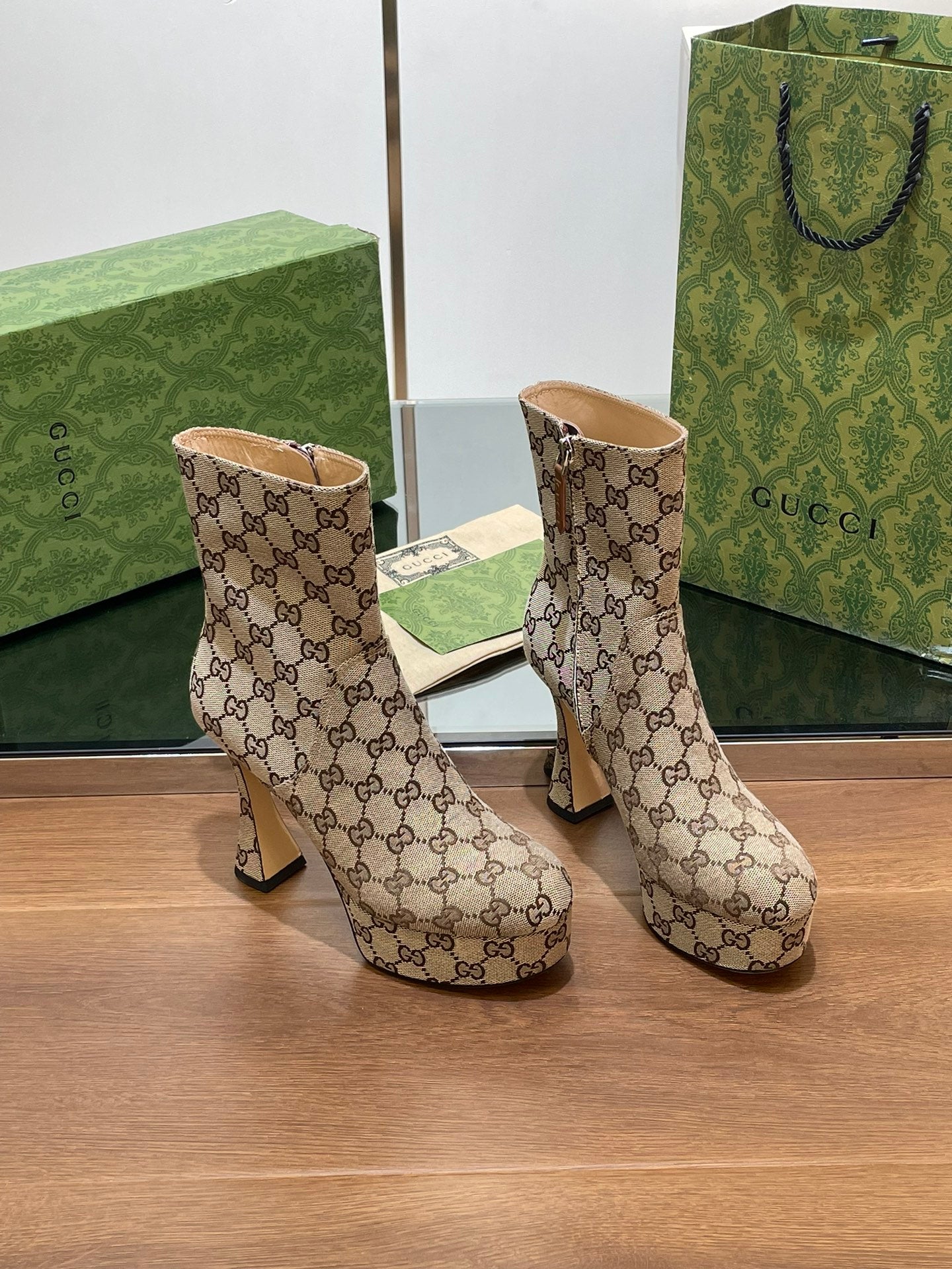 GG SHORT BOOTS 11.5 CM IN CAMEL BROWN MONOGRAM JACQUARD FABRIC