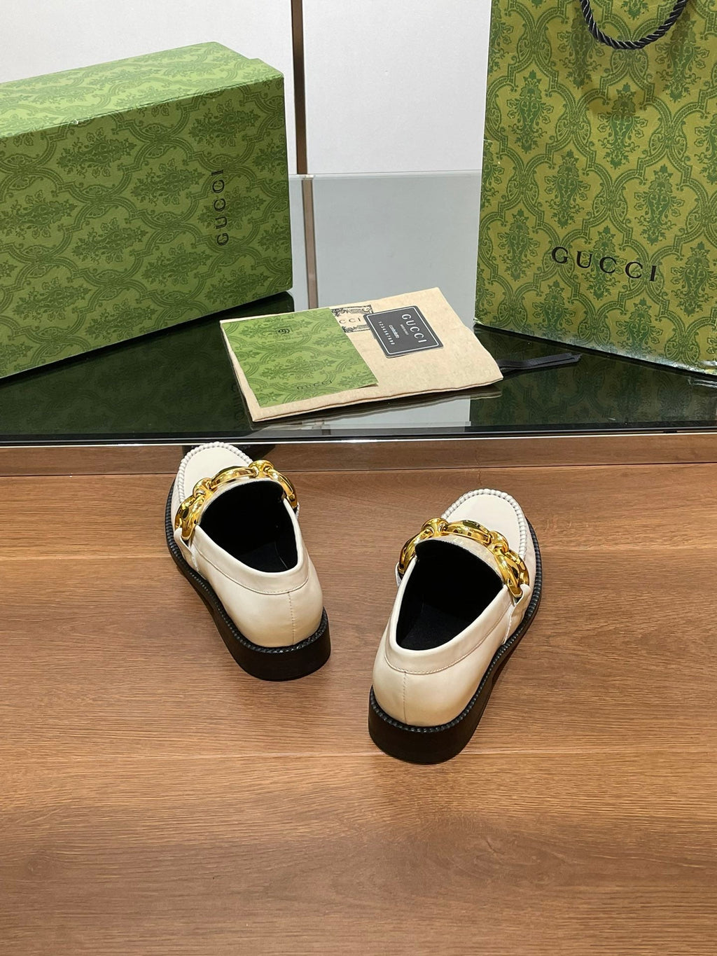 GG LOAFER SHOES IN WHITE CALFSKIN WITH GOLD HARDWARE