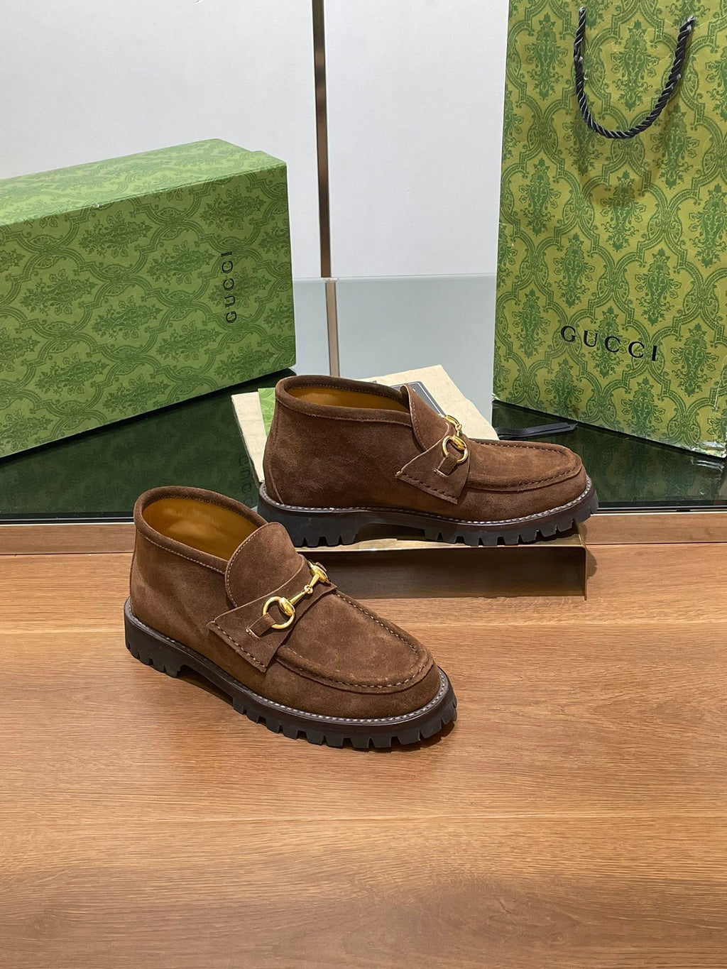 GG WOMEN'S HORSEBIT ANKLE BOOT IN DARK BROWN SUEDE