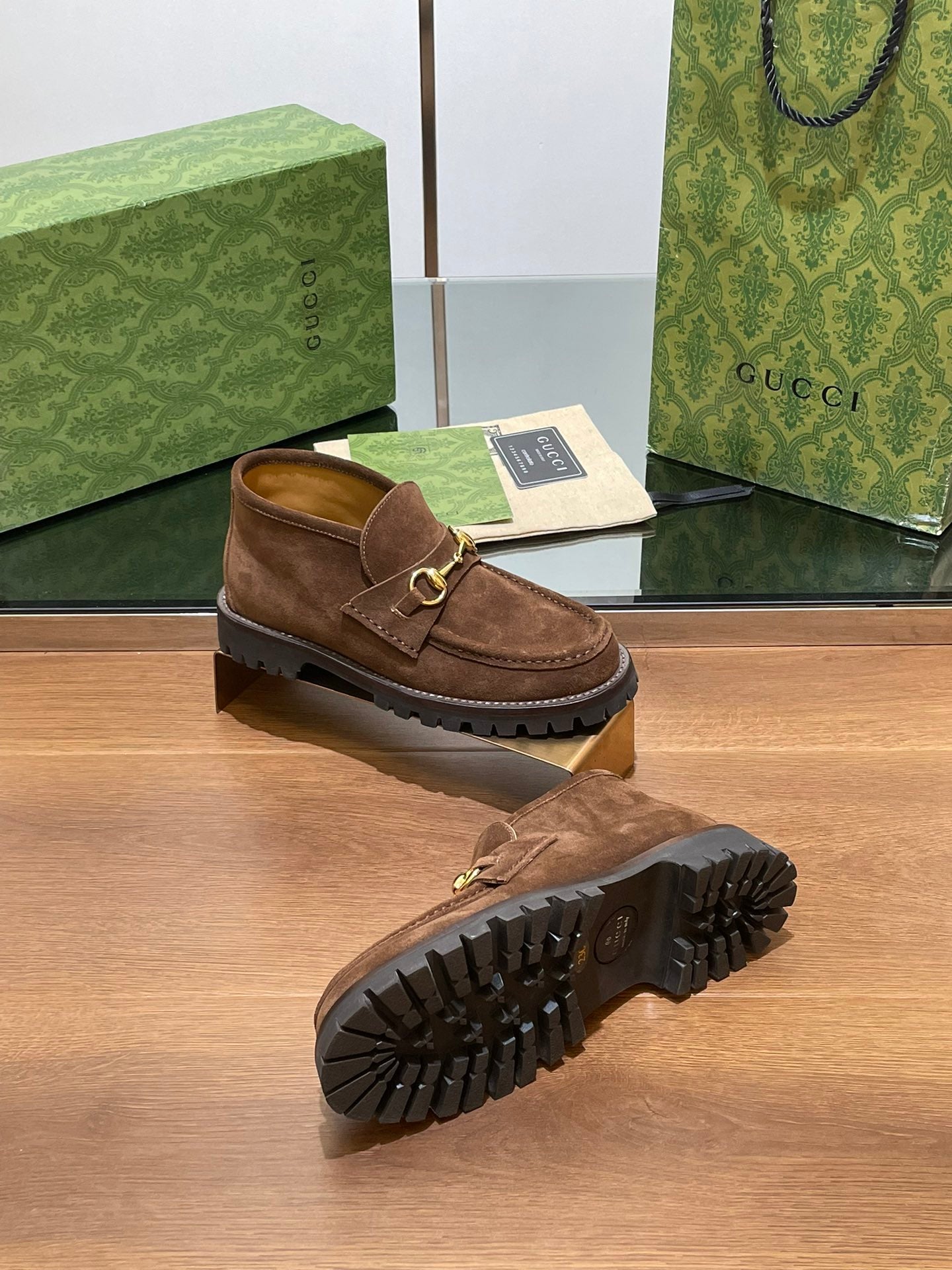 GG WOMEN'S HORSEBIT ANKLE BOOT IN DARK BROWN SUEDE