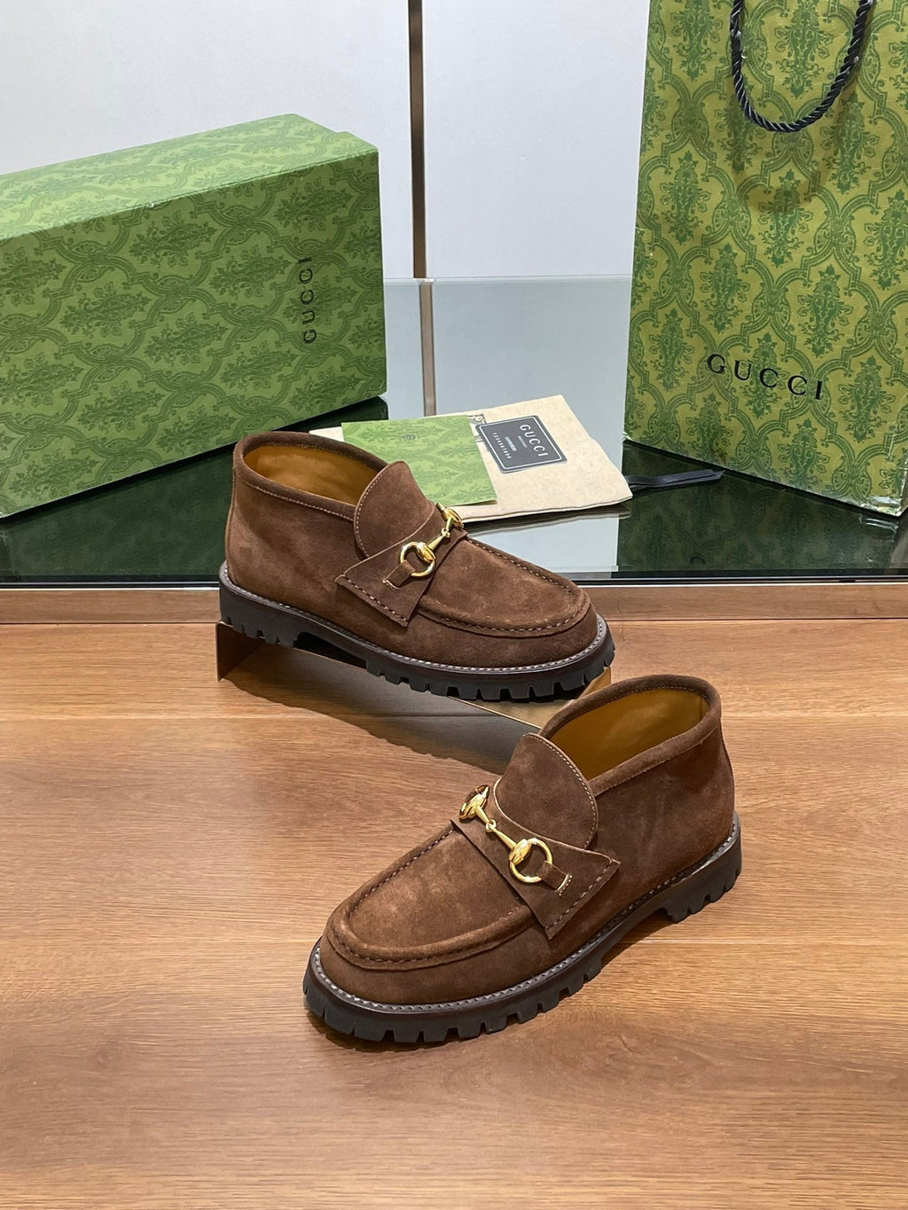 GG WOMEN'S HORSEBIT ANKLE BOOT IN DARK BROWN SUEDE