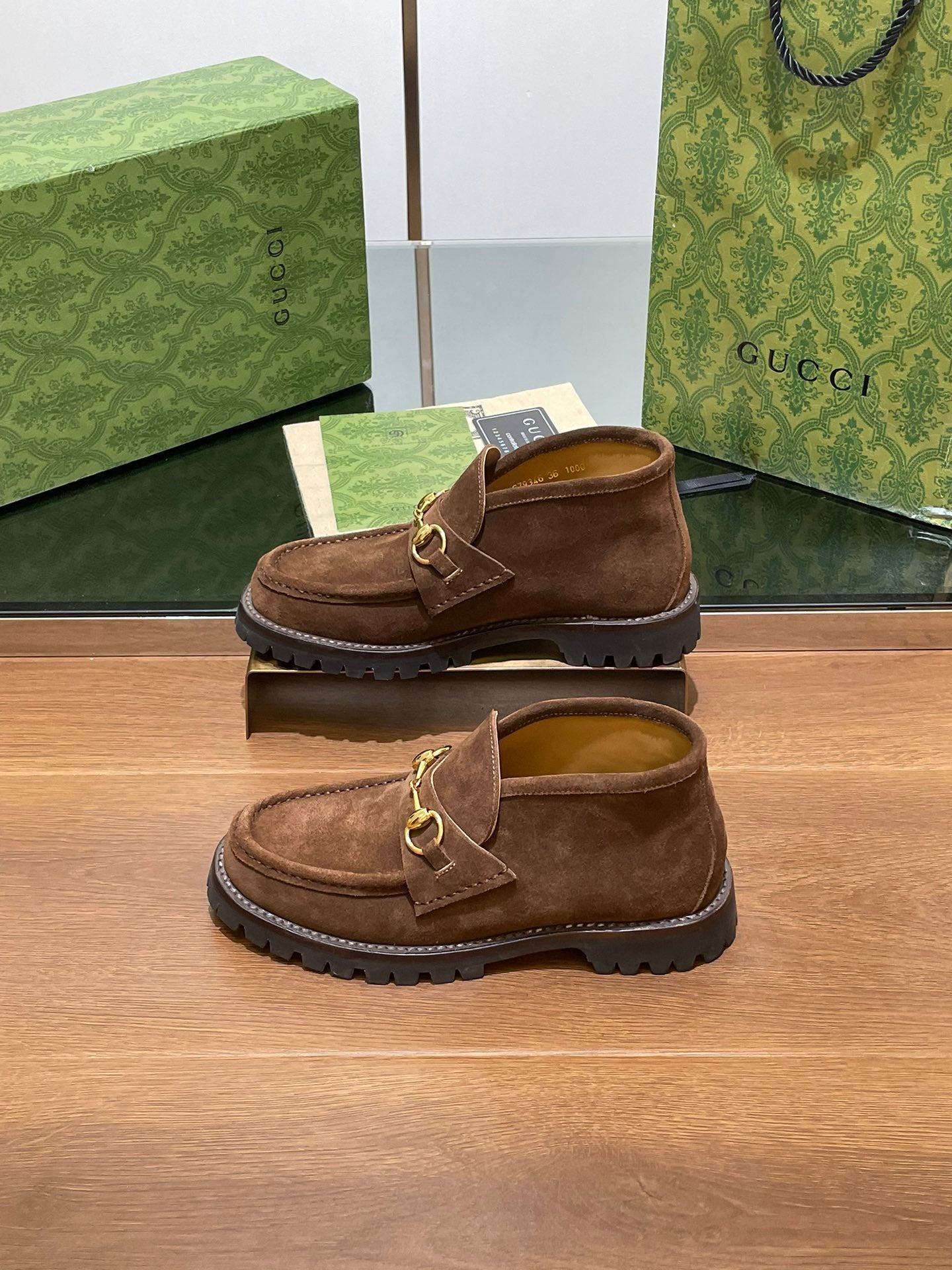 GG WOMEN'S HORSEBIT ANKLE BOOT IN DARK BROWN SUEDE