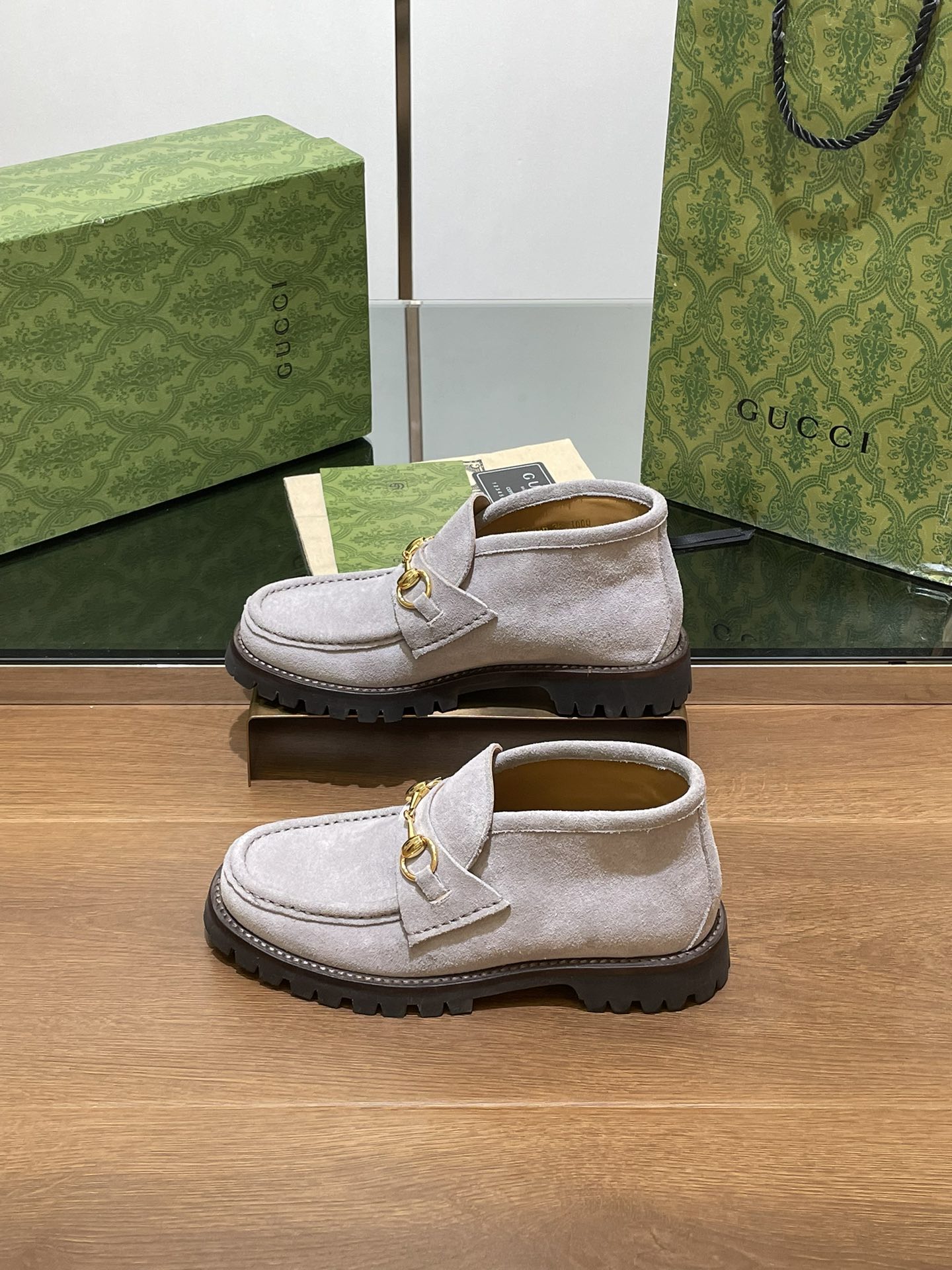 GG WOMEN'S HORSEBIT ANKLE BOOT IN KHAKI BROWN SUEDE