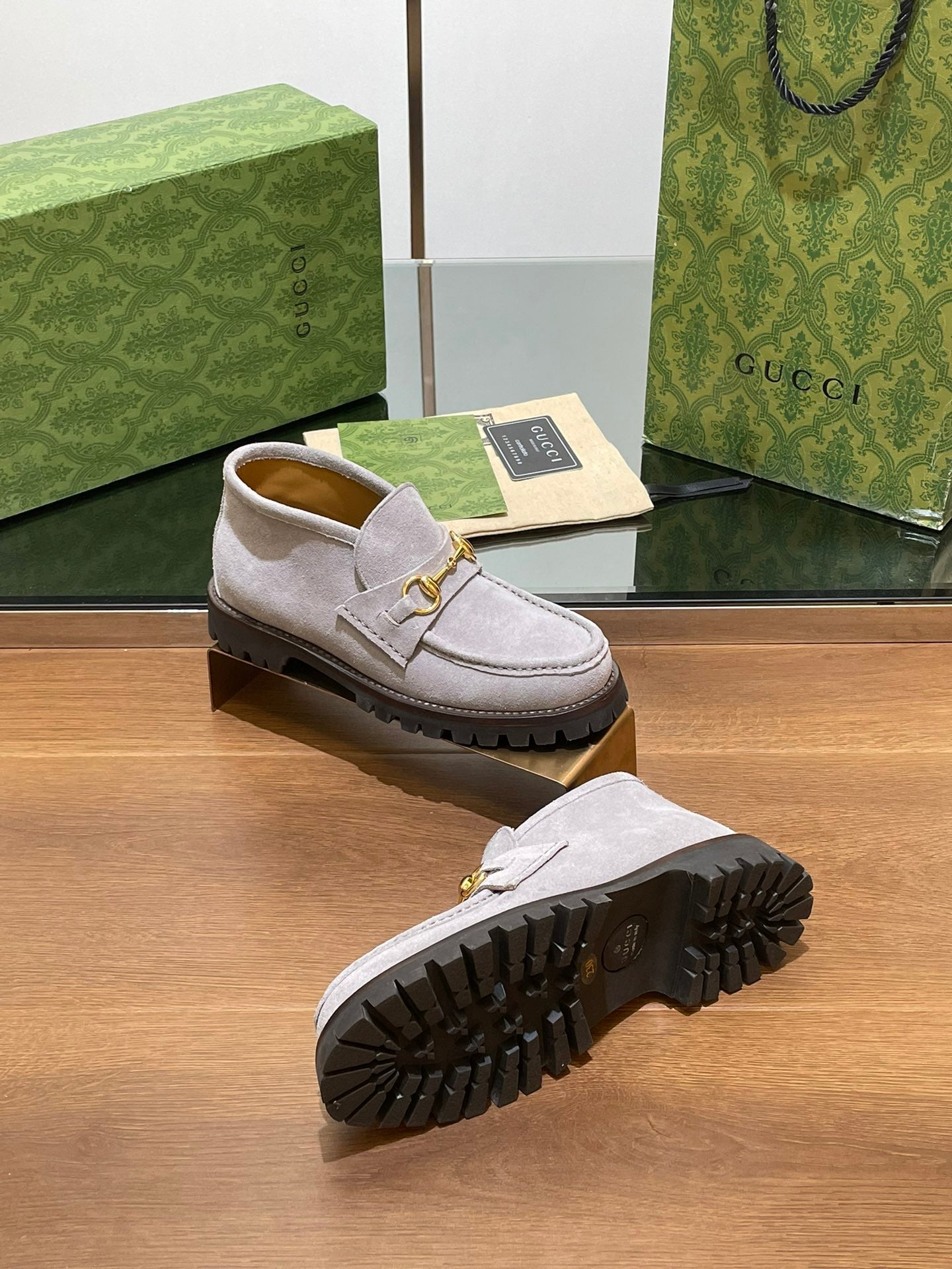 GG WOMEN'S HORSEBIT ANKLE BOOT IN KHAKI BROWN SUEDE