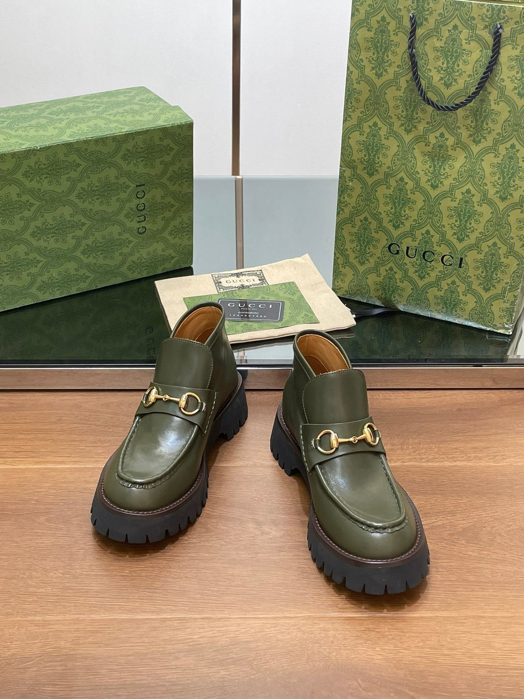 HORSEBIT ANKLE BOOTS 4.5CM IN ARMY GREEN CALFSKIN