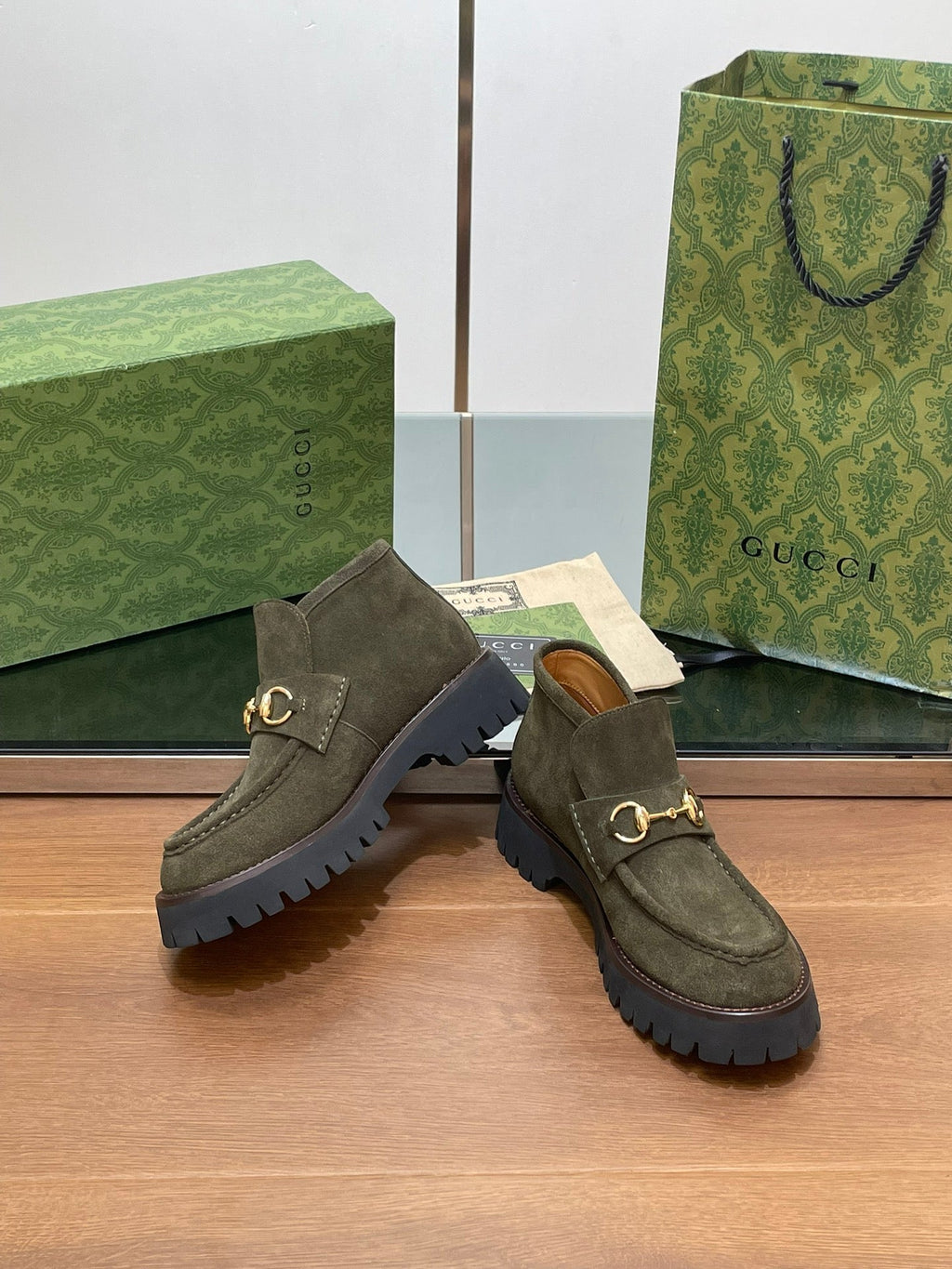 GG WOMEN'S HORSEBIT ANKLE BOOTS 4.5CM IN KHAKI GREEN SUEDE